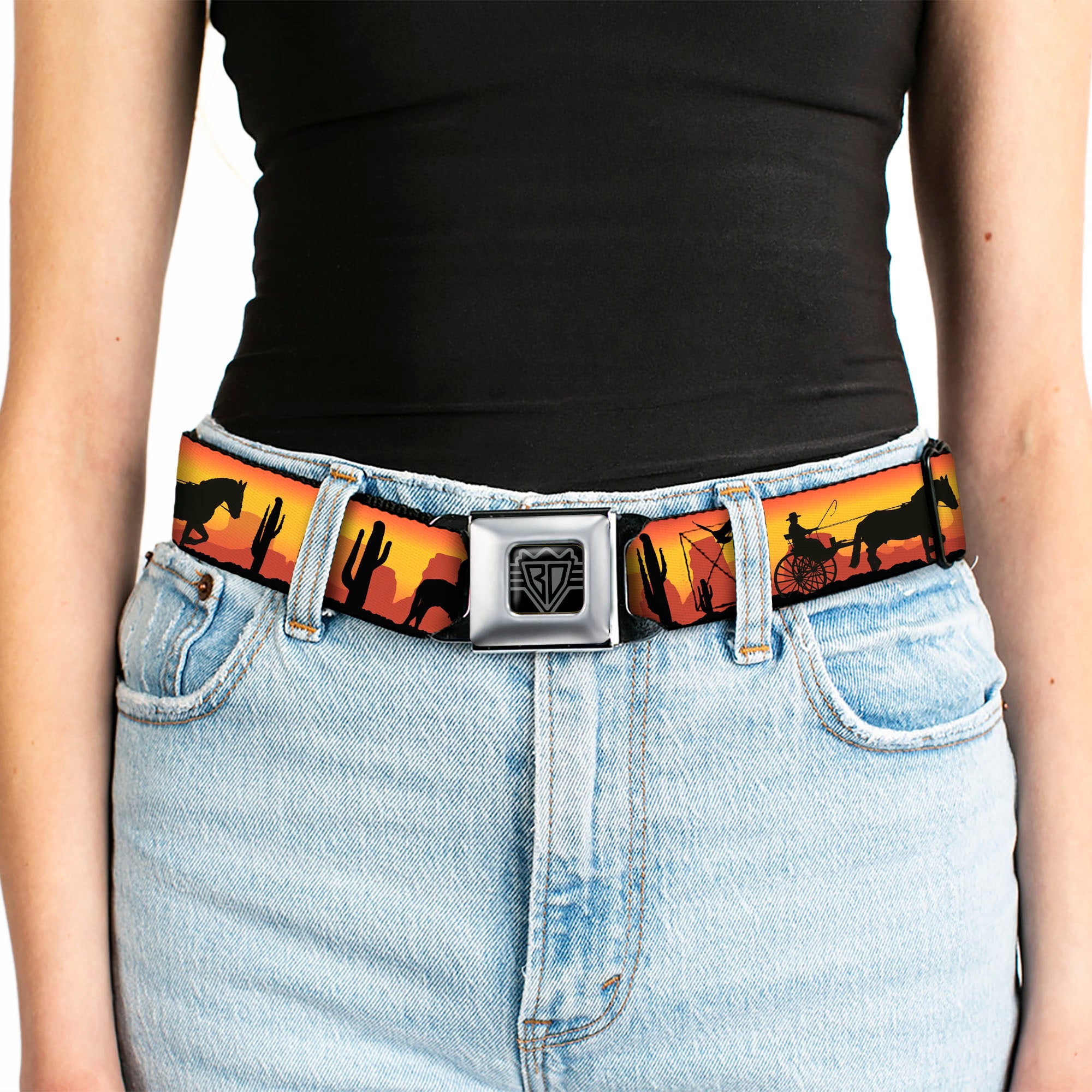 BD Wings Logo CLOSE-UP Full Color Black Silver Seatbelt Belt - Cowboy Silhouette/Western Landscape Reds/Black Webbing Seatbelt Belts Buckle-Down