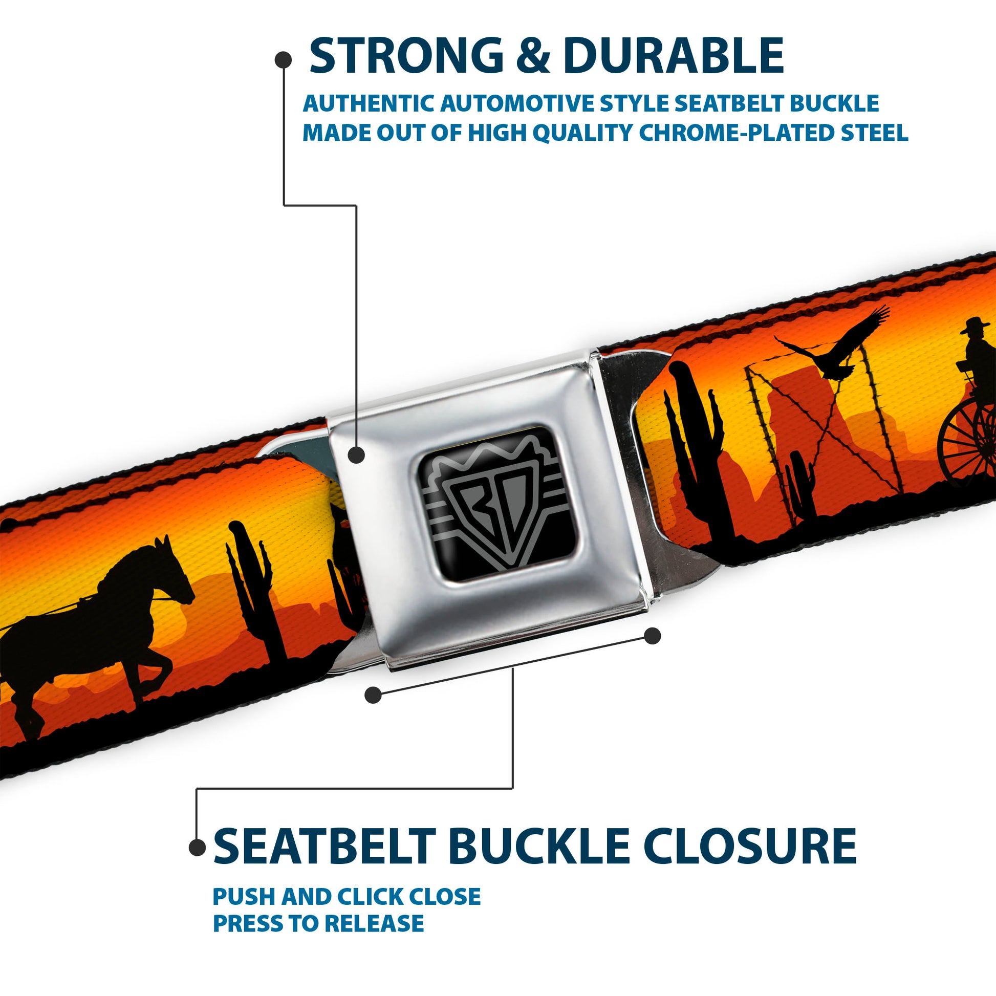 BD Wings Logo CLOSE-UP Full Color Black Silver Seatbelt Belt - Cowboy Silhouette/Western Landscape Reds/Black Webbing Seatbelt Belts Buckle-Down
