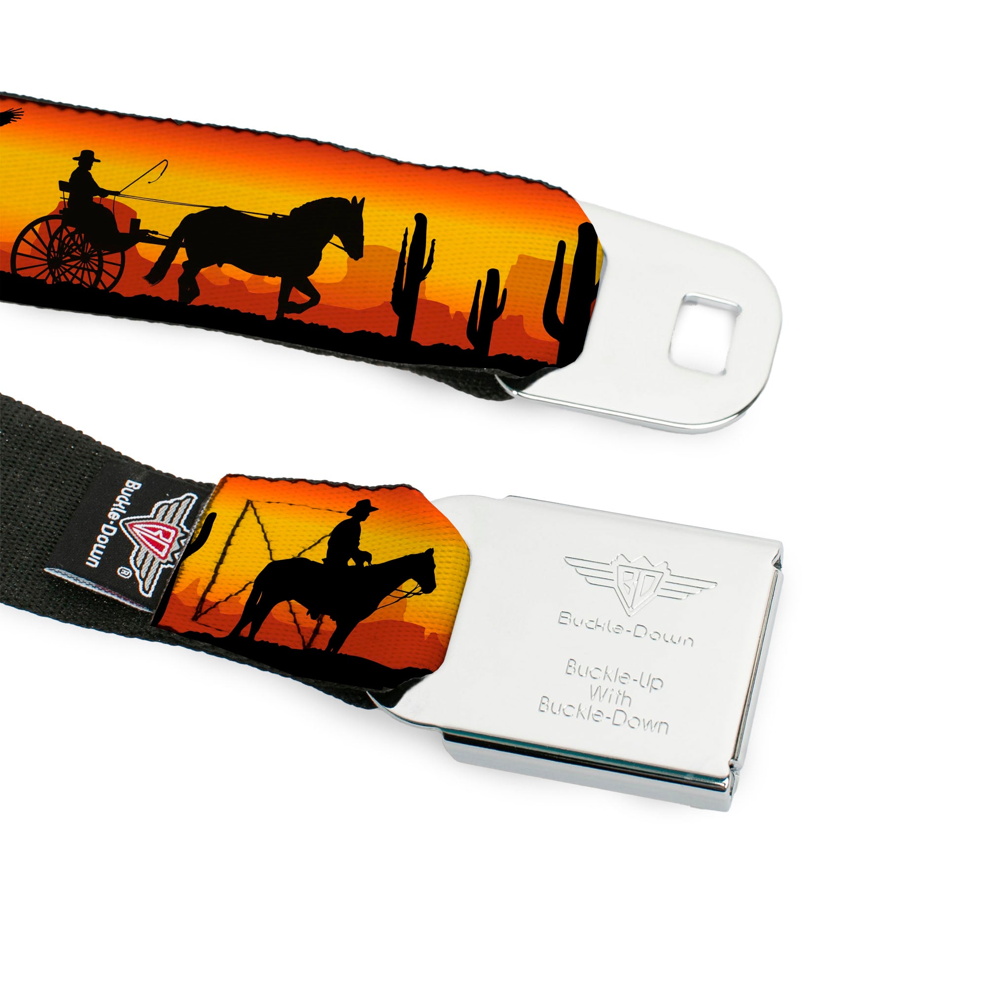 BD Wings Logo CLOSE-UP Full Color Black Silver Seatbelt Belt - Cowboy Silhouette/Western Landscape Reds/Black Webbing Seatbelt Belts Buckle-Down