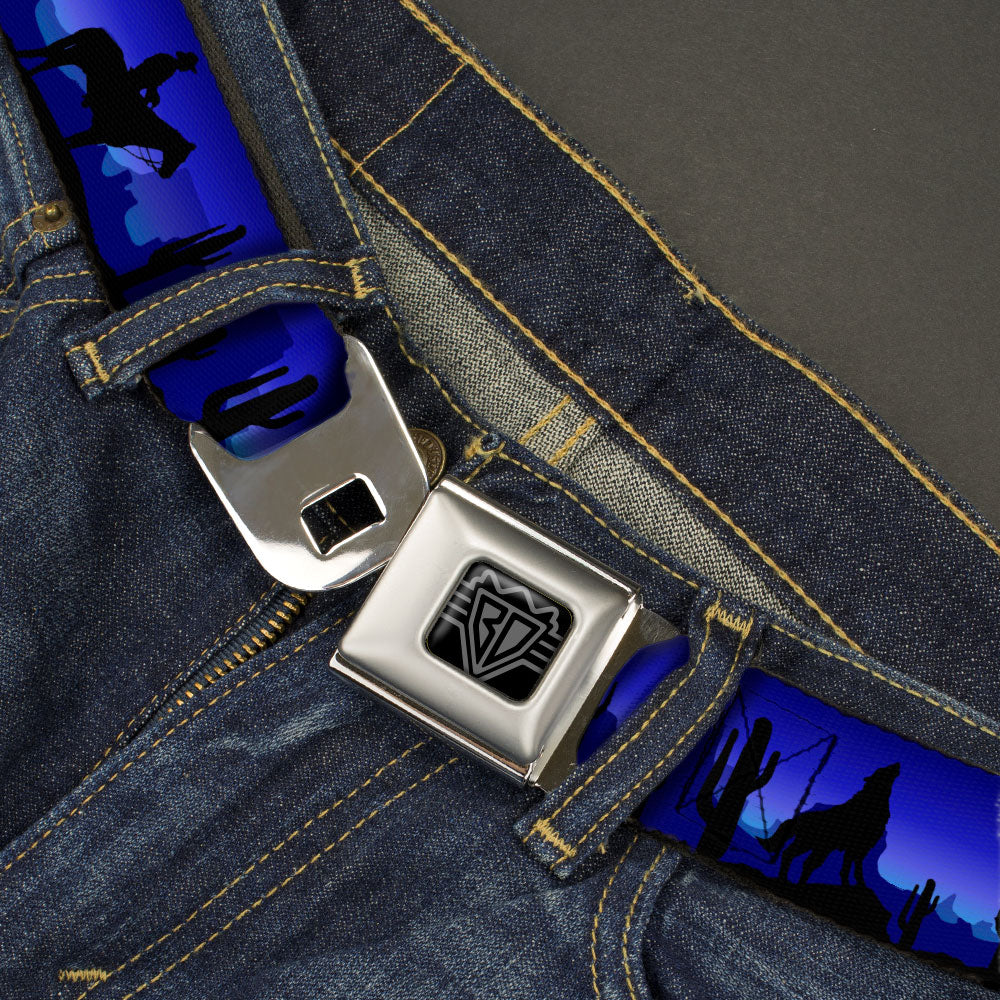 BD Wings Logo CLOSE-UP Black/Silver Seatbelt Belt - Cowboy/Coyote Silhouettes/Western Landscape Blues/Black Webbing Seatbelt Belts Buckle-Down
