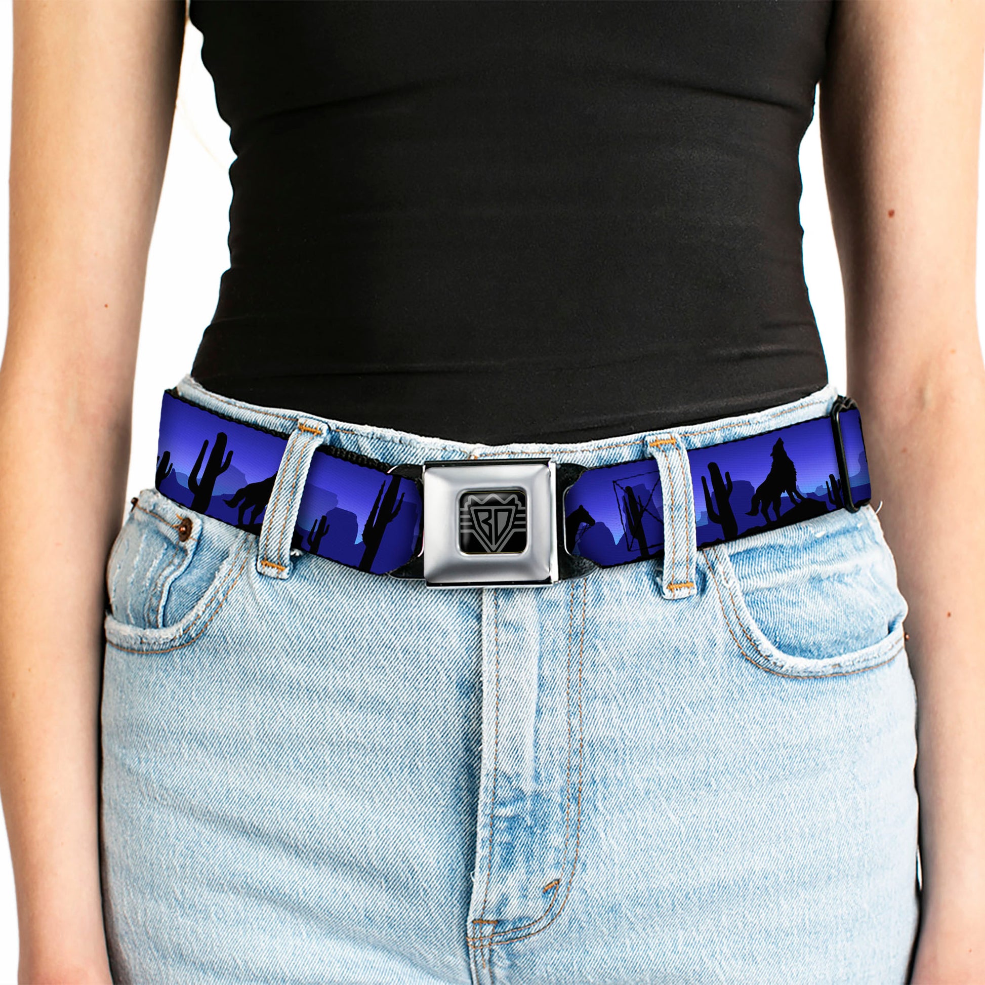 BD Wings Logo CLOSE-UP Black/Silver Seatbelt Belt - Cowboy/Coyote Silhouettes/Western Landscape Blues/Black Webbing Seatbelt Belts Buckle-Down