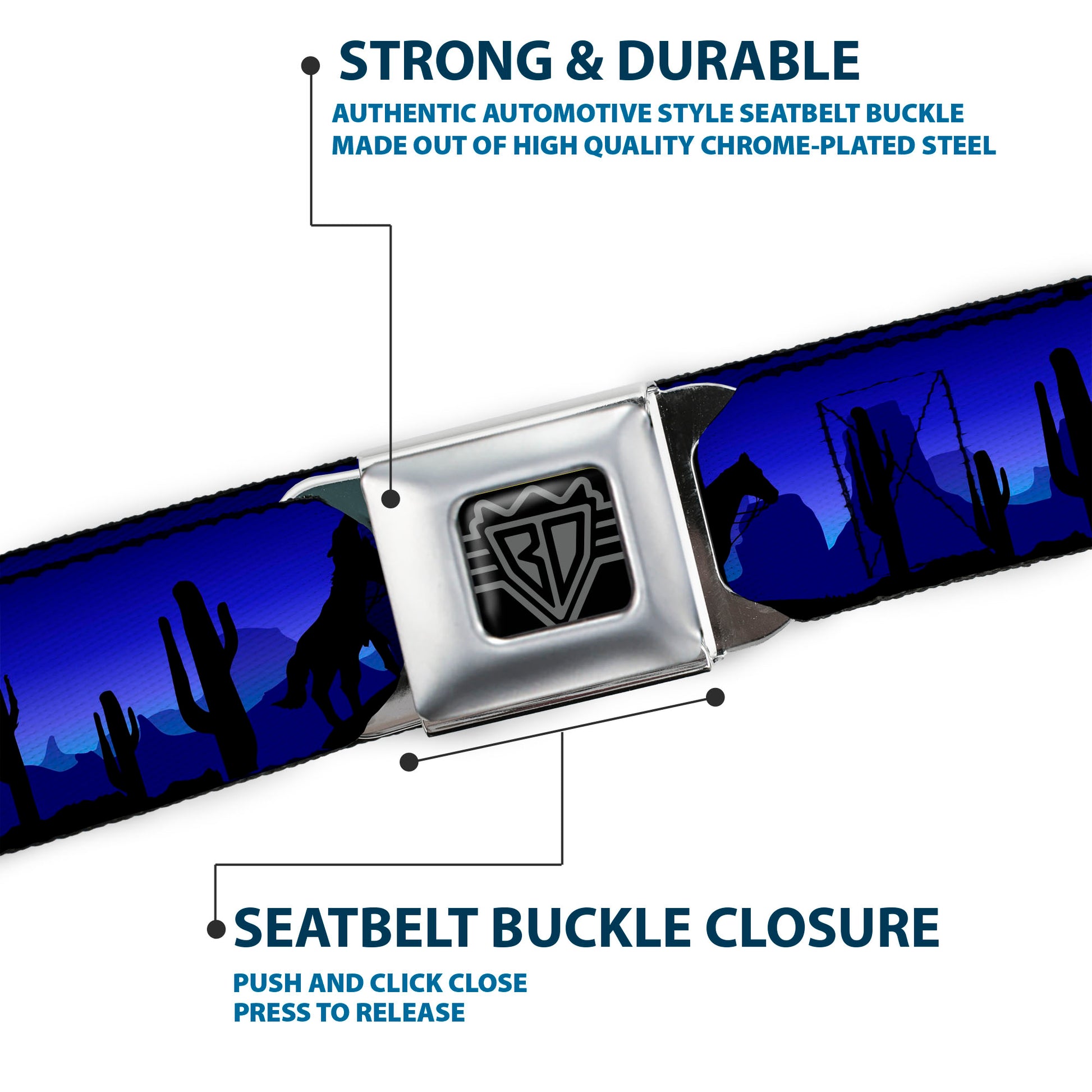 BD Wings Logo CLOSE-UP Black/Silver Seatbelt Belt - Cowboy/Coyote Silhouettes/Western Landscape Blues/Black Webbing Seatbelt Belts Buckle-Down