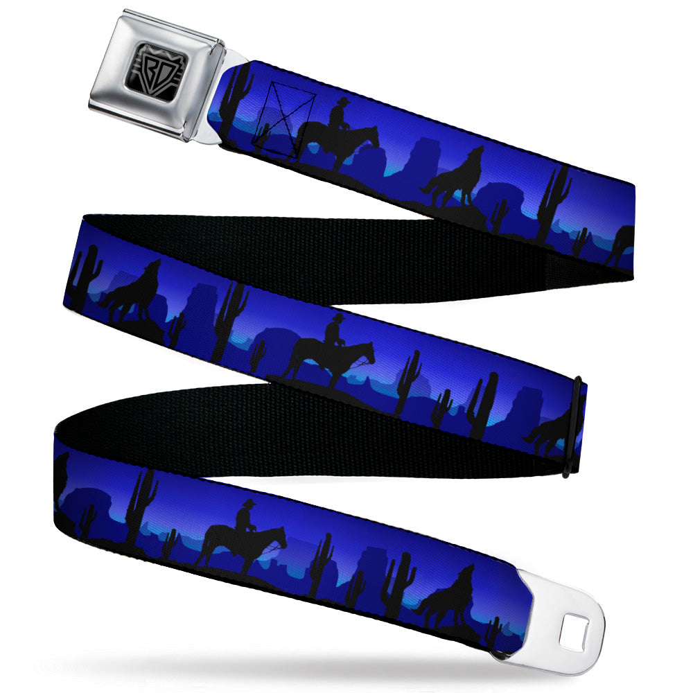 BD Wings Logo CLOSE-UP Black/Silver Seatbelt Belt - Cowboy/Coyote Silhouettes/Western Landscape Blues/Black Webbing Seatbelt Belts Buckle-Down