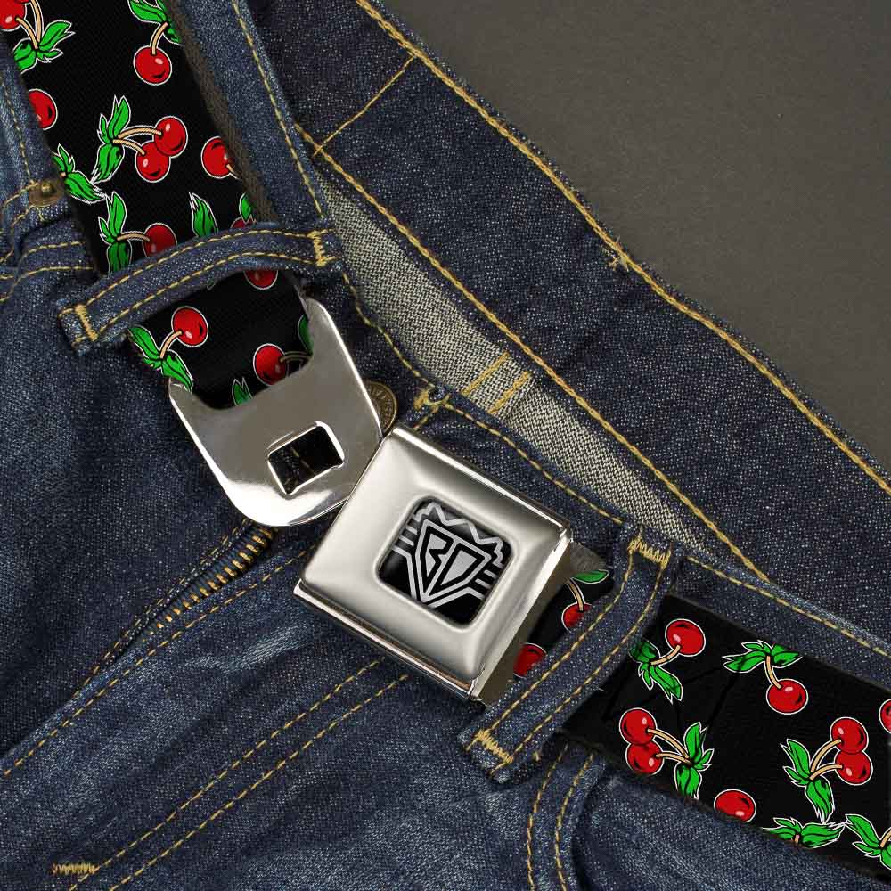 BD Wings Logo CLOSE-UP Full Color Black Silver Seatbelt Belt - Cherries Scattered Black Webbing Seatbelt Belts Buckle-Down