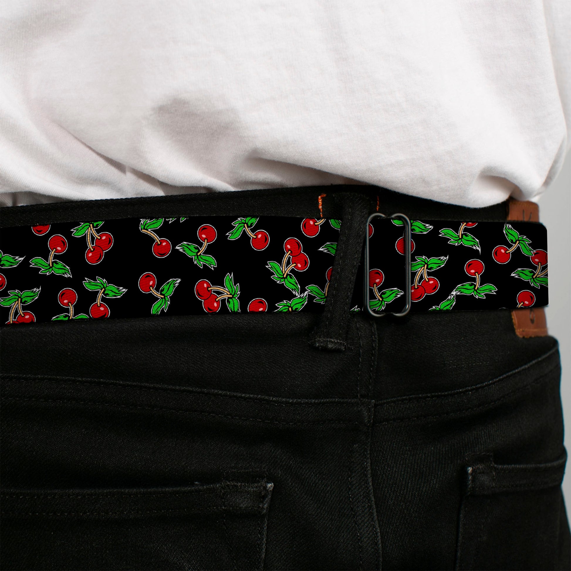 BD Wings Logo CLOSE-UP Full Color Black Silver Seatbelt Belt - Cherries Scattered Black Webbing Seatbelt Belts Buckle-Down