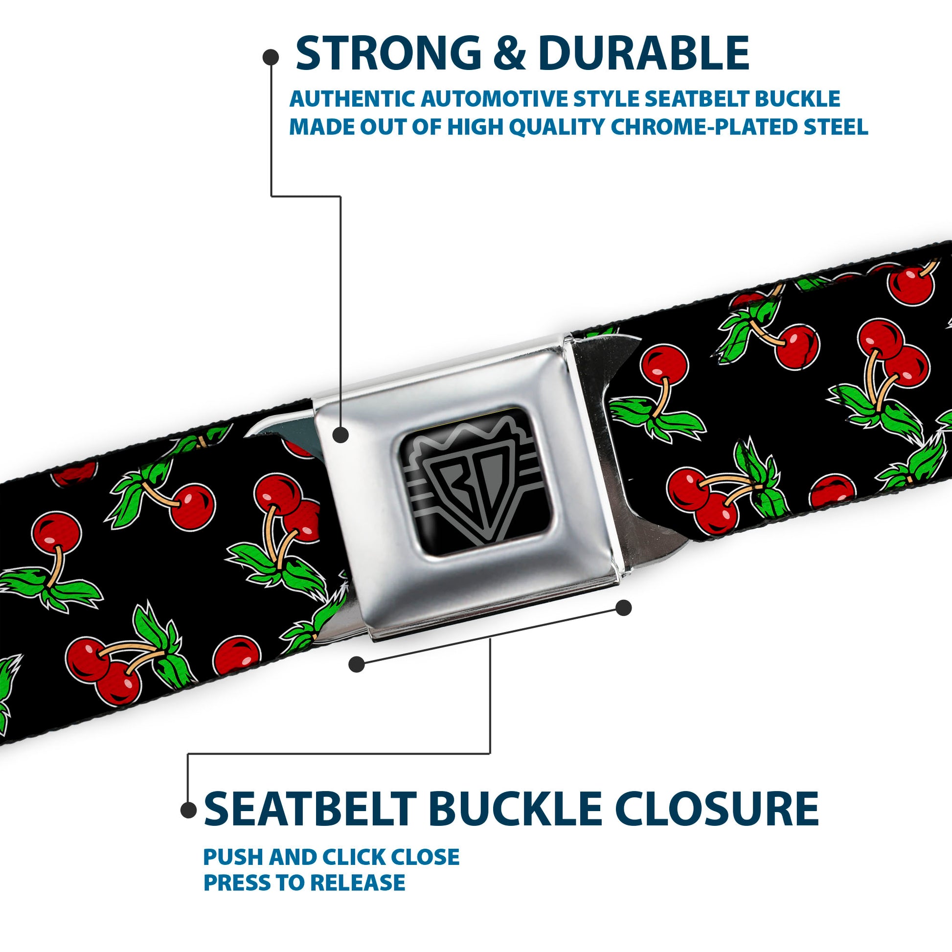 BD Wings Logo CLOSE-UP Full Color Black Silver Seatbelt Belt - Cherries Scattered Black Webbing Seatbelt Belts Buckle-Down