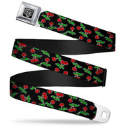 BD Wings Logo CLOSE-UP Full Color Black Silver Seatbelt Belt - Cherries Scattered Black Webbing Seatbelt Belts Buckle-Down