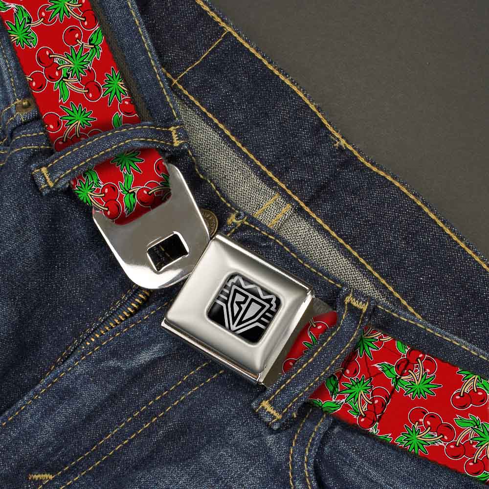 BD Wings Logo CLOSE-UP Full Color Black Silver Seatbelt Belt - Cherries2 Scattered Red Webbing Seatbelt Belts Buckle-Down