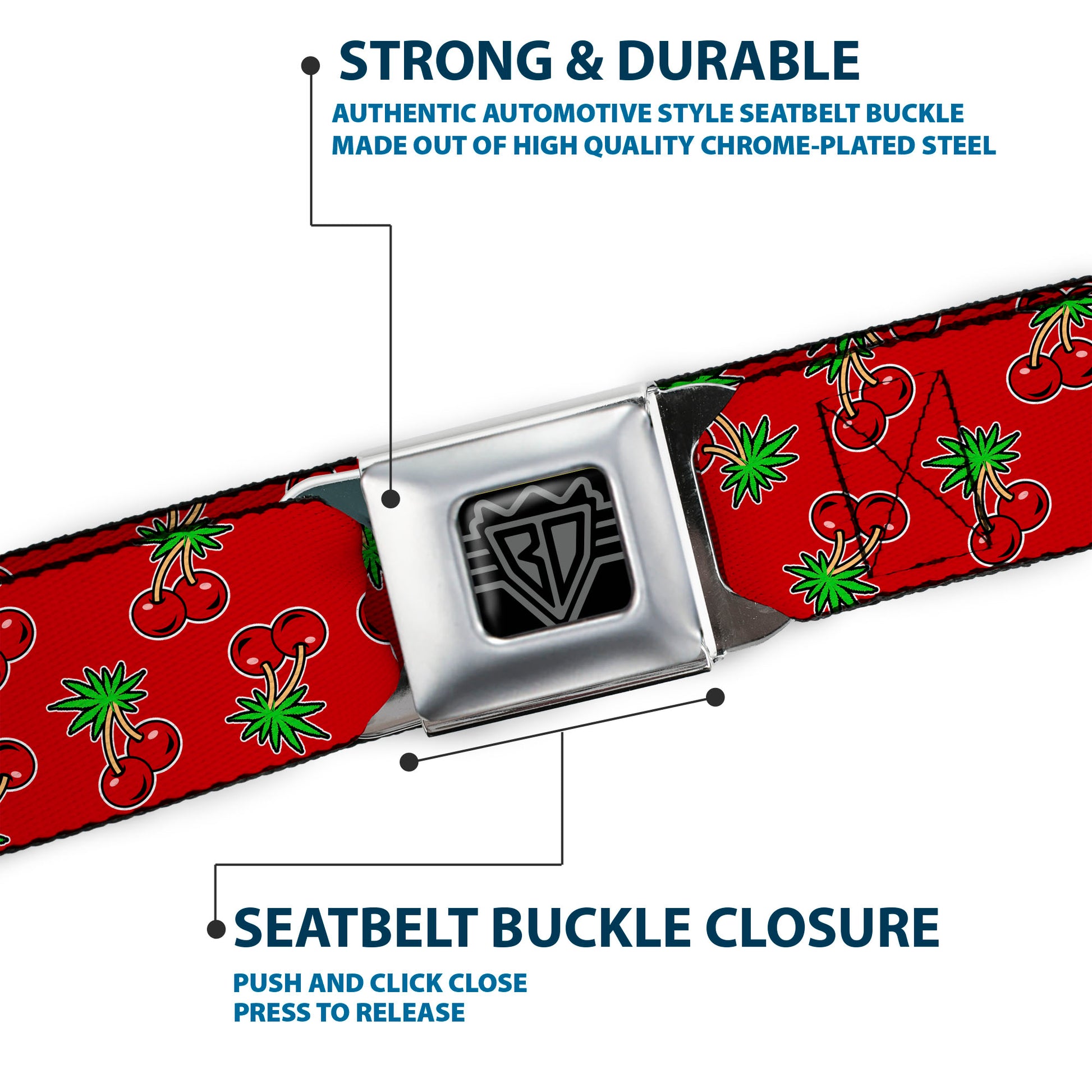 BD Wings Logo CLOSE-UP Full Color Black Silver Seatbelt Belt - Cherries2 Scattered Red Webbing Seatbelt Belts Buckle-Down