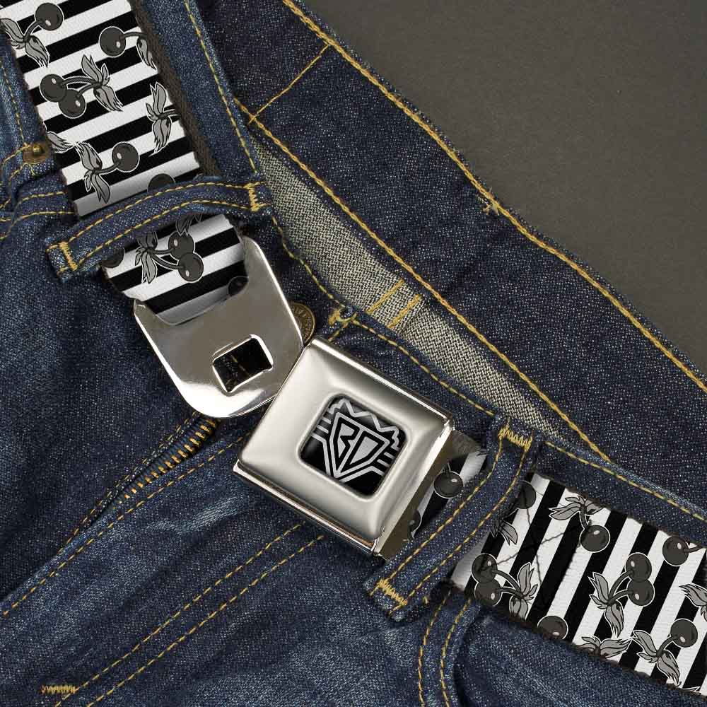 BD Wings Logo CLOSE-UP Full Color Black Silver Seatbelt Belt - Cherries Scattered/Vertical Stripe White/Black/Grays Webbing Seatbelt Belts Buckle-Down
