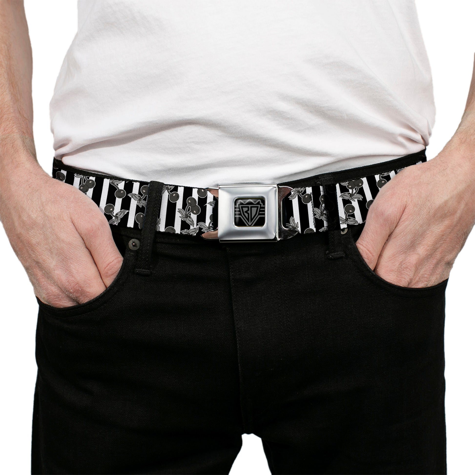 BD Wings Logo CLOSE-UP Full Color Black Silver Seatbelt Belt - Cherries Scattered/Vertical Stripe White/Black/Grays Webbing Seatbelt Belts Buckle-Down