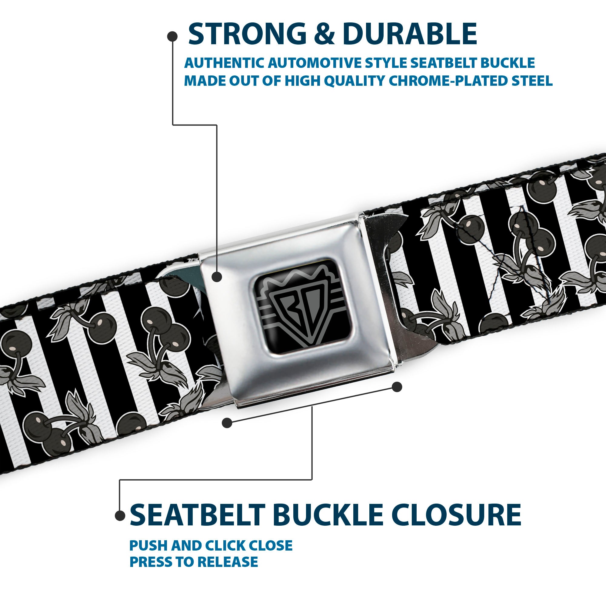 BD Wings Logo CLOSE-UP Full Color Black Silver Seatbelt Belt - Cherries Scattered/Vertical Stripe White/Black/Grays Webbing Seatbelt Belts Buckle-Down