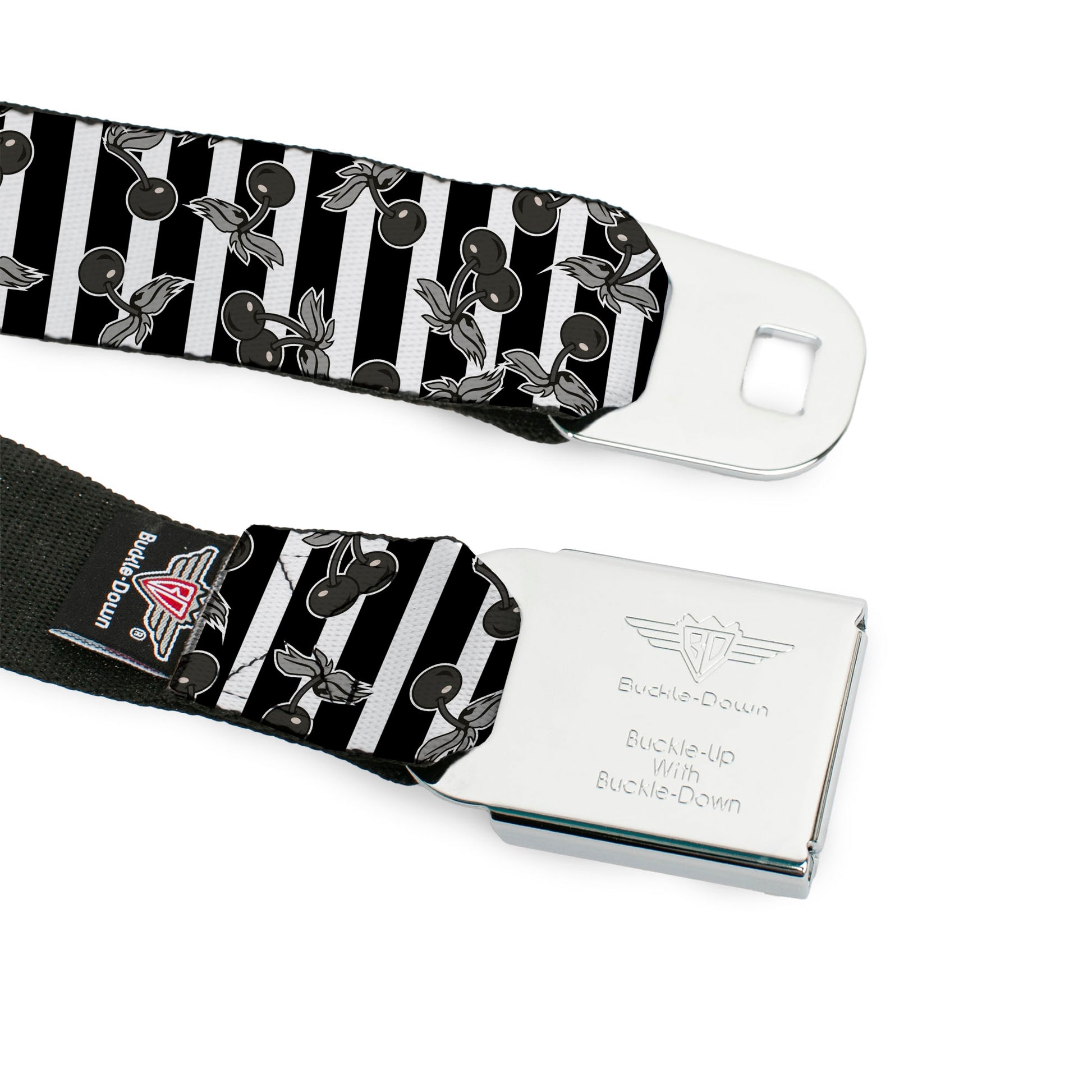 BD Wings Logo CLOSE-UP Full Color Black Silver Seatbelt Belt - Cherries Scattered/Vertical Stripe White/Black/Grays Webbing Seatbelt Belts Buckle-Down