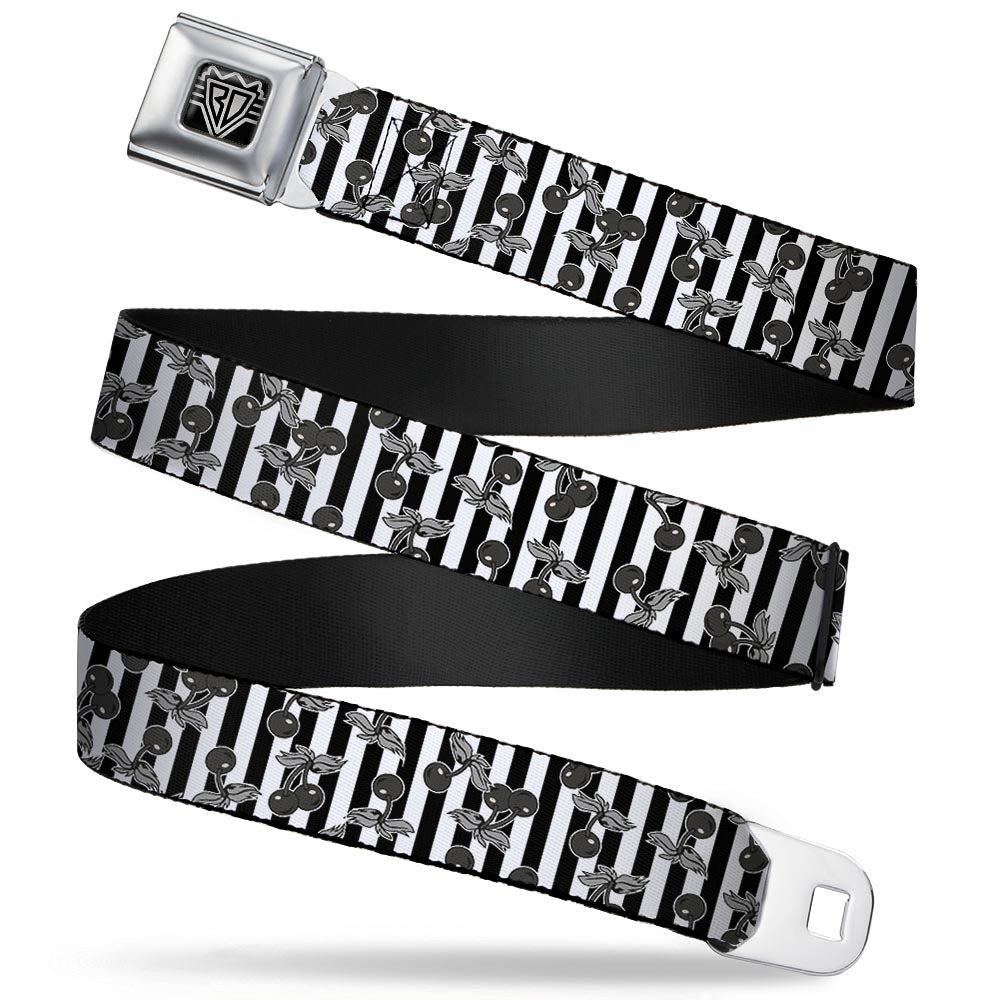 BD Wings Logo CLOSE-UP Full Color Black Silver Seatbelt Belt - Cherries Scattered/Vertical Stripe White/Black/Grays Webbing Seatbelt Belts Buckle-Down