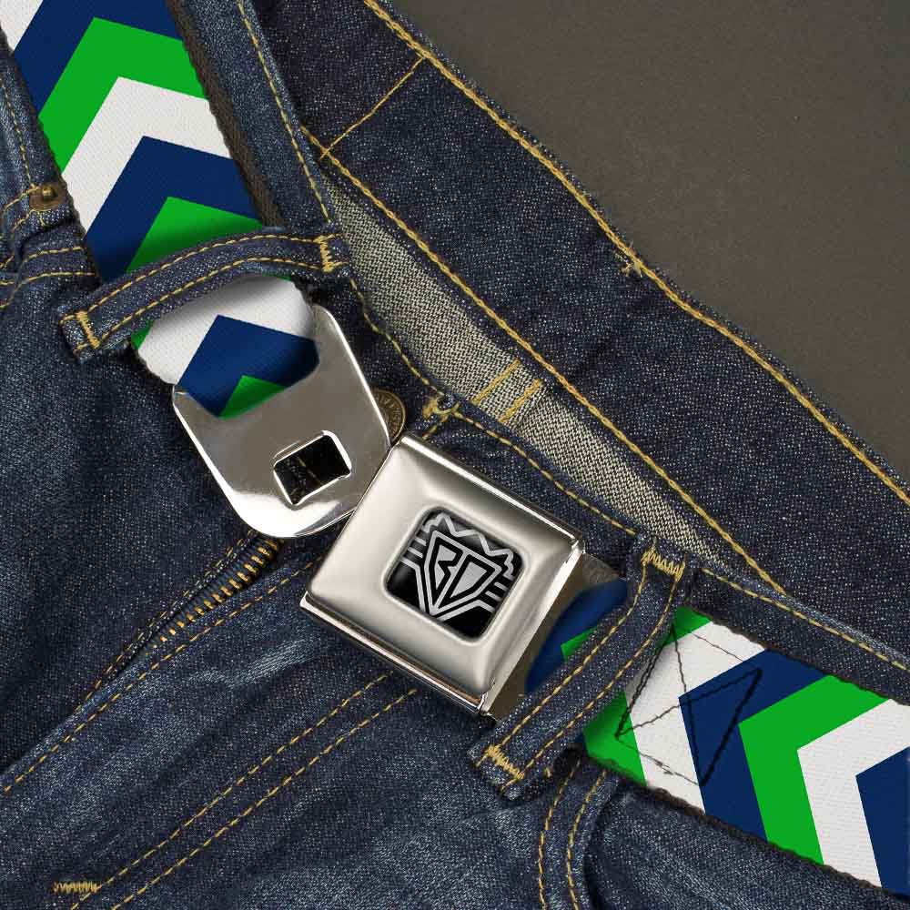 BD Wings Logo CLOSE-UP Full Color Black Silver Seatbelt Belt - Chevron White/Bright Green/Navy Webbing Seatbelt Belts Buckle-Down