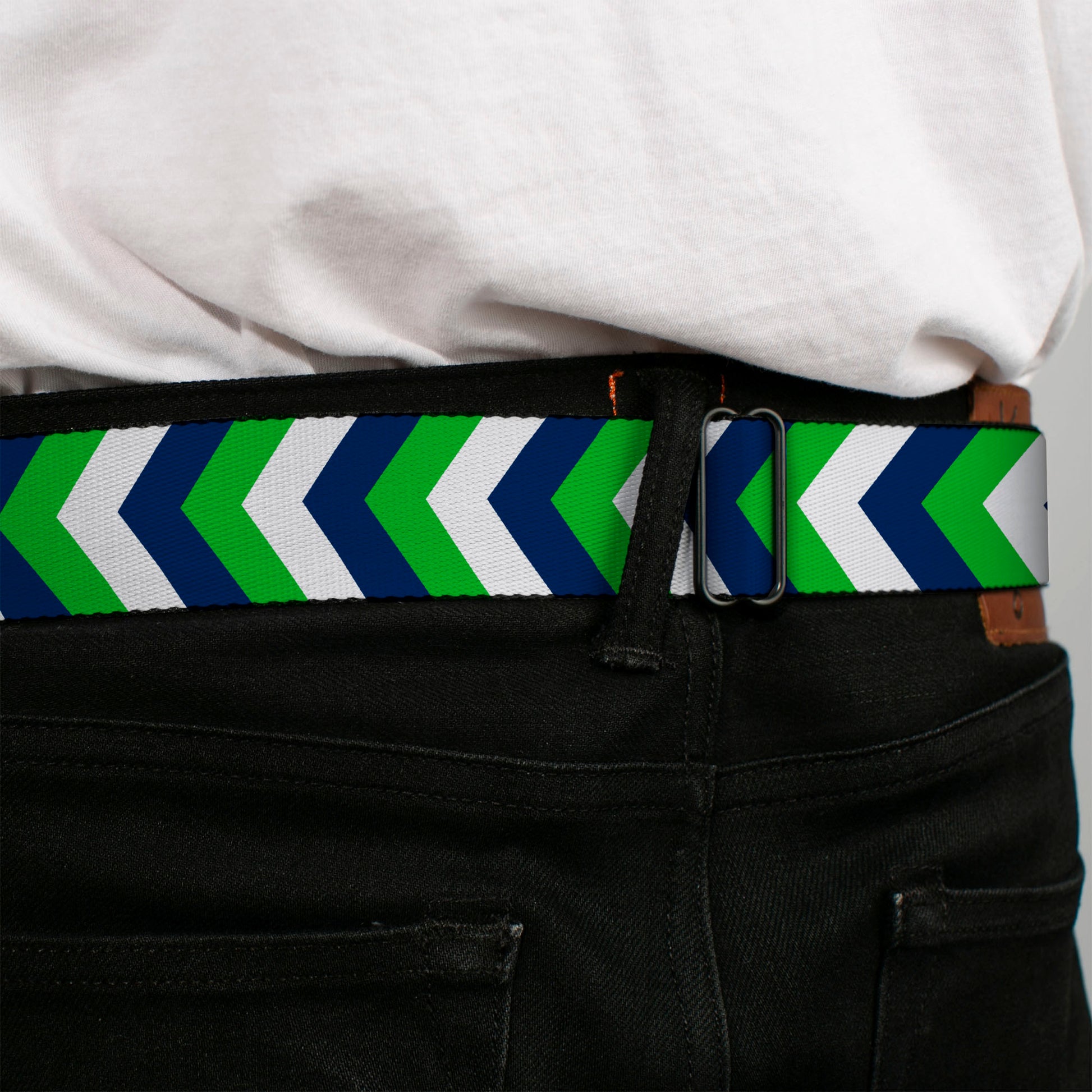 BD Wings Logo CLOSE-UP Full Color Black Silver Seatbelt Belt - Chevron White/Bright Green/Navy Webbing Seatbelt Belts Buckle-Down