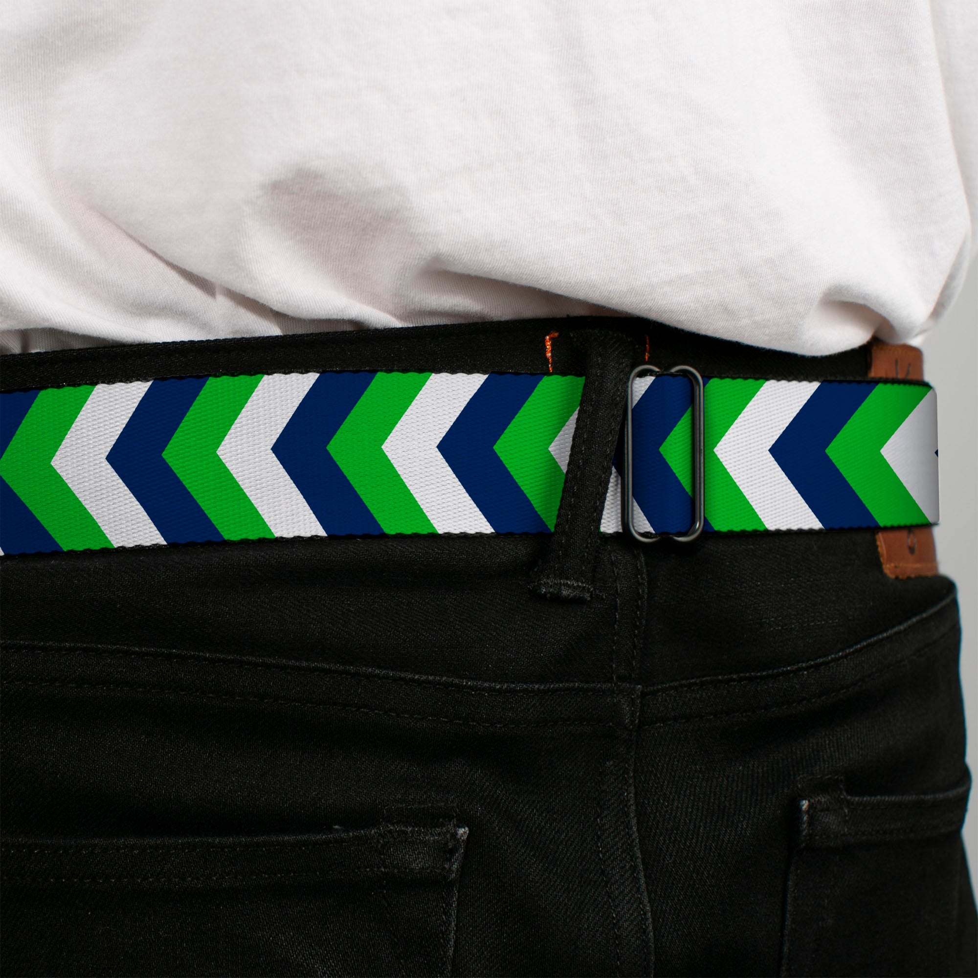 BD Wings Logo CLOSE-UP Full Color Black Silver Seatbelt Belt - Chevron White/Bright Green/Navy Webbing Seatbelt Belts Buckle-Down