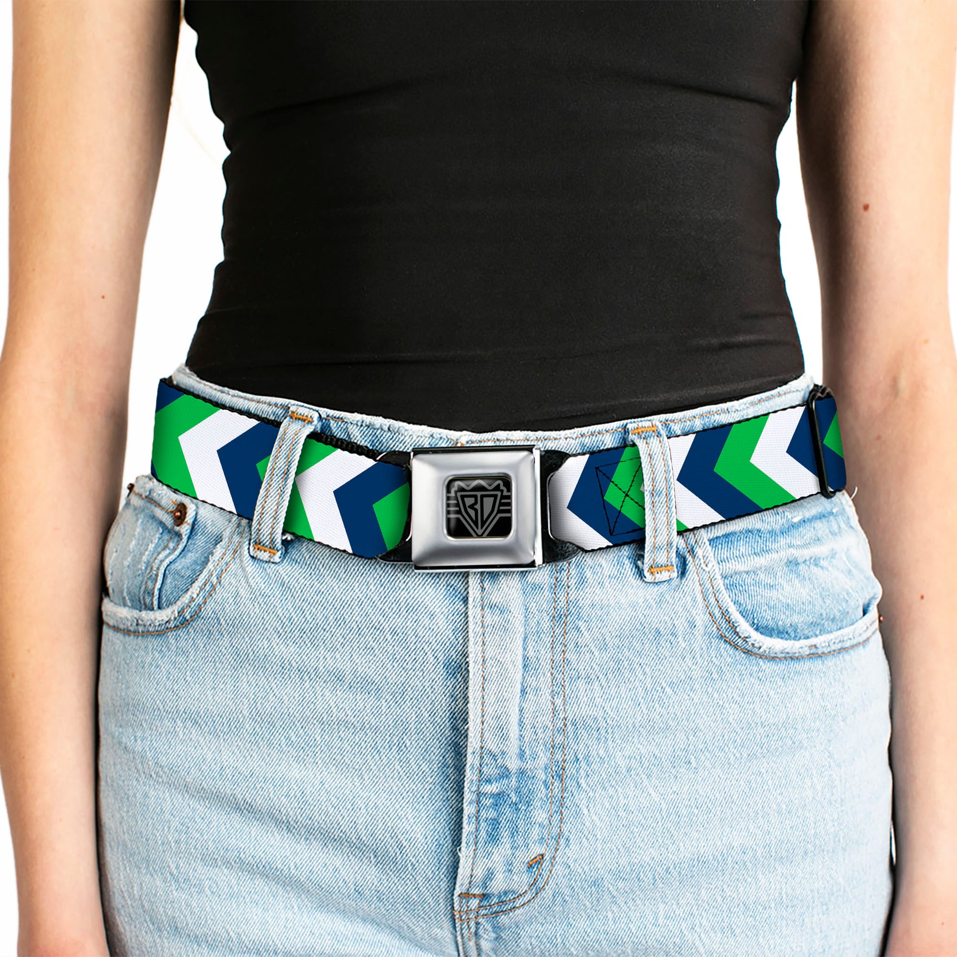 BD Wings Logo CLOSE-UP Full Color Black Silver Seatbelt Belt - Chevron White/Bright Green/Navy Webbing Seatbelt Belts Buckle-Down