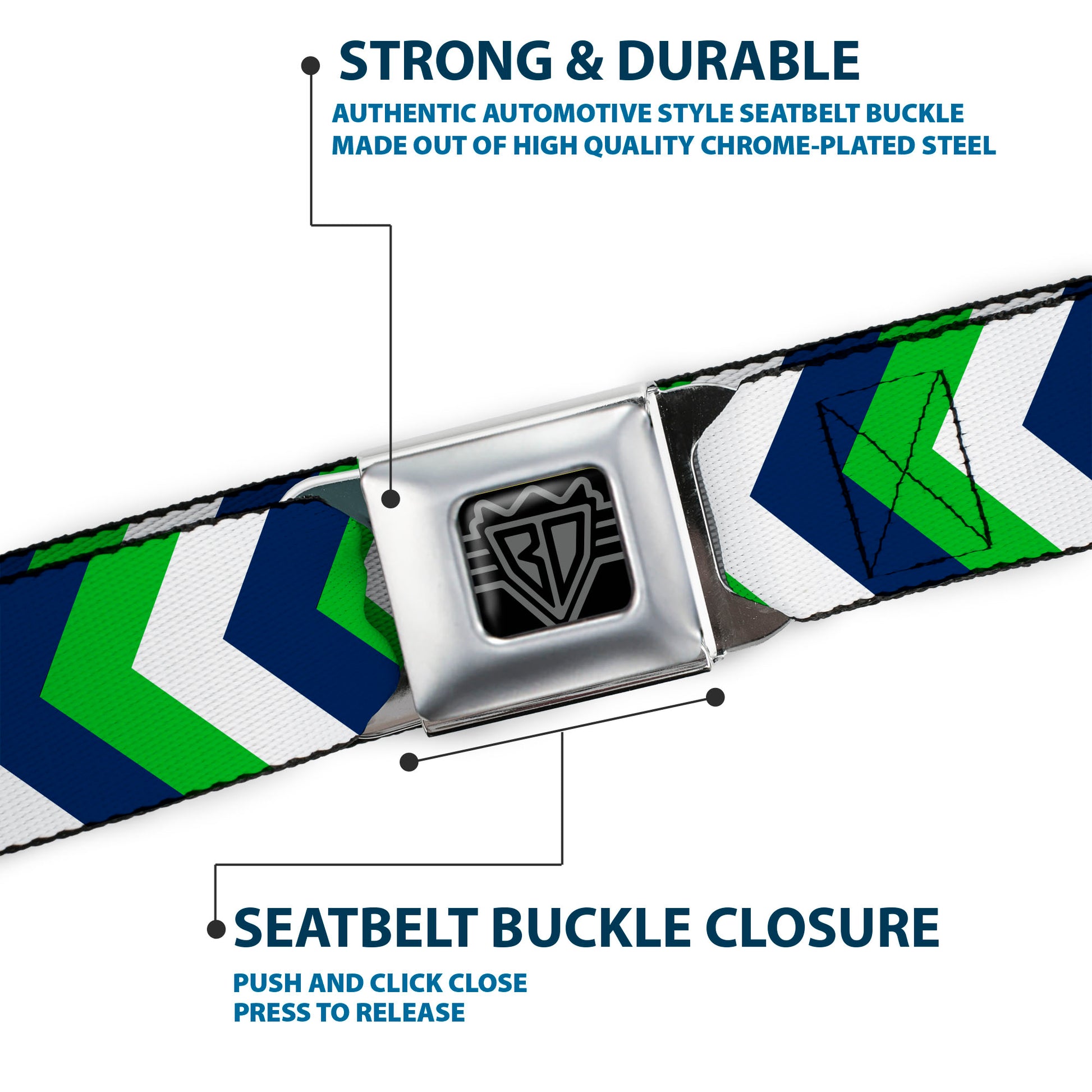 BD Wings Logo CLOSE-UP Full Color Black Silver Seatbelt Belt - Chevron White/Bright Green/Navy Webbing Seatbelt Belts Buckle-Down