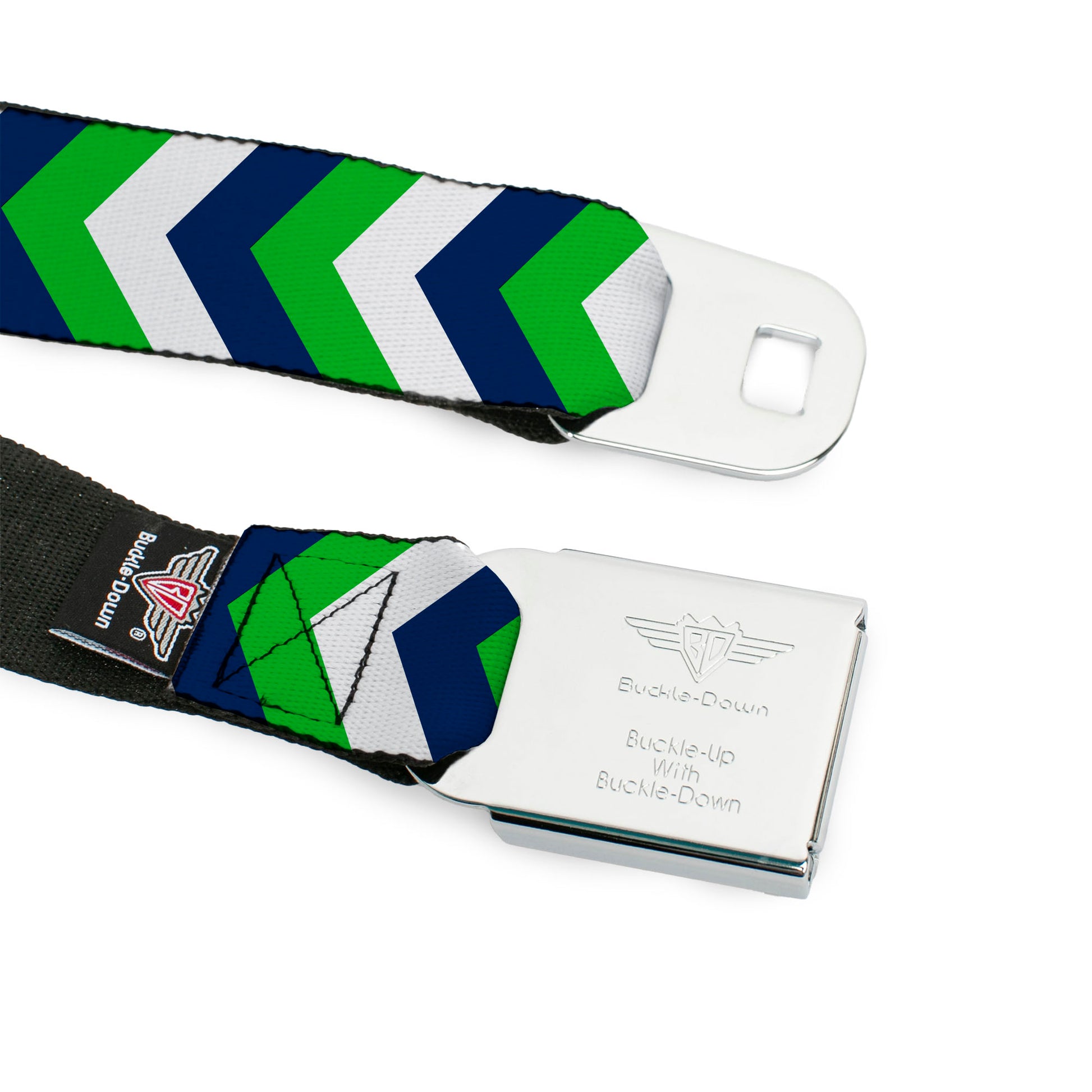 BD Wings Logo CLOSE-UP Full Color Black Silver Seatbelt Belt - Chevron White/Bright Green/Navy Webbing Seatbelt Belts Buckle-Down