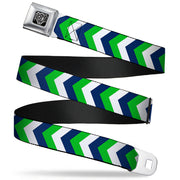BD Wings Logo CLOSE-UP Full Color Black Silver Seatbelt Belt - Chevron White/Bright Green/Navy Webbing Seatbelt Belts Buckle-Down