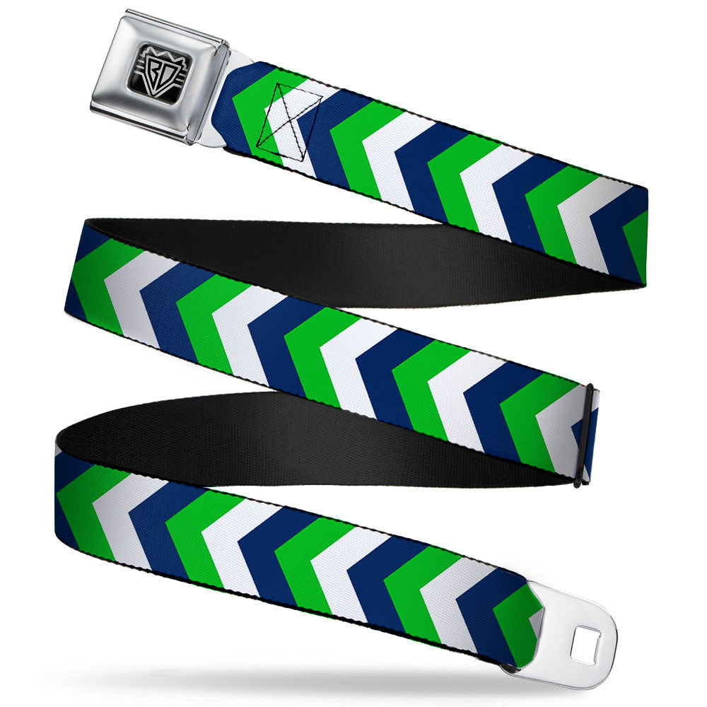 BD Wings Logo CLOSE-UP Full Color Black Silver Seatbelt Belt - Chevron White/Bright Green/Navy Webbing Seatbelt Belts Buckle-Down