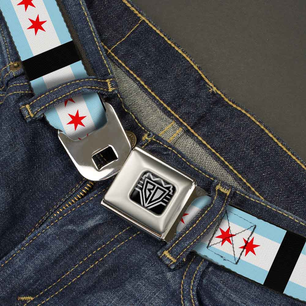 BD Wings Logo CLOSE-UP Full Color Black Silver Seatbelt Belt - Chicago Flags/Black Webbing Seatbelt Belts Buckle-Down