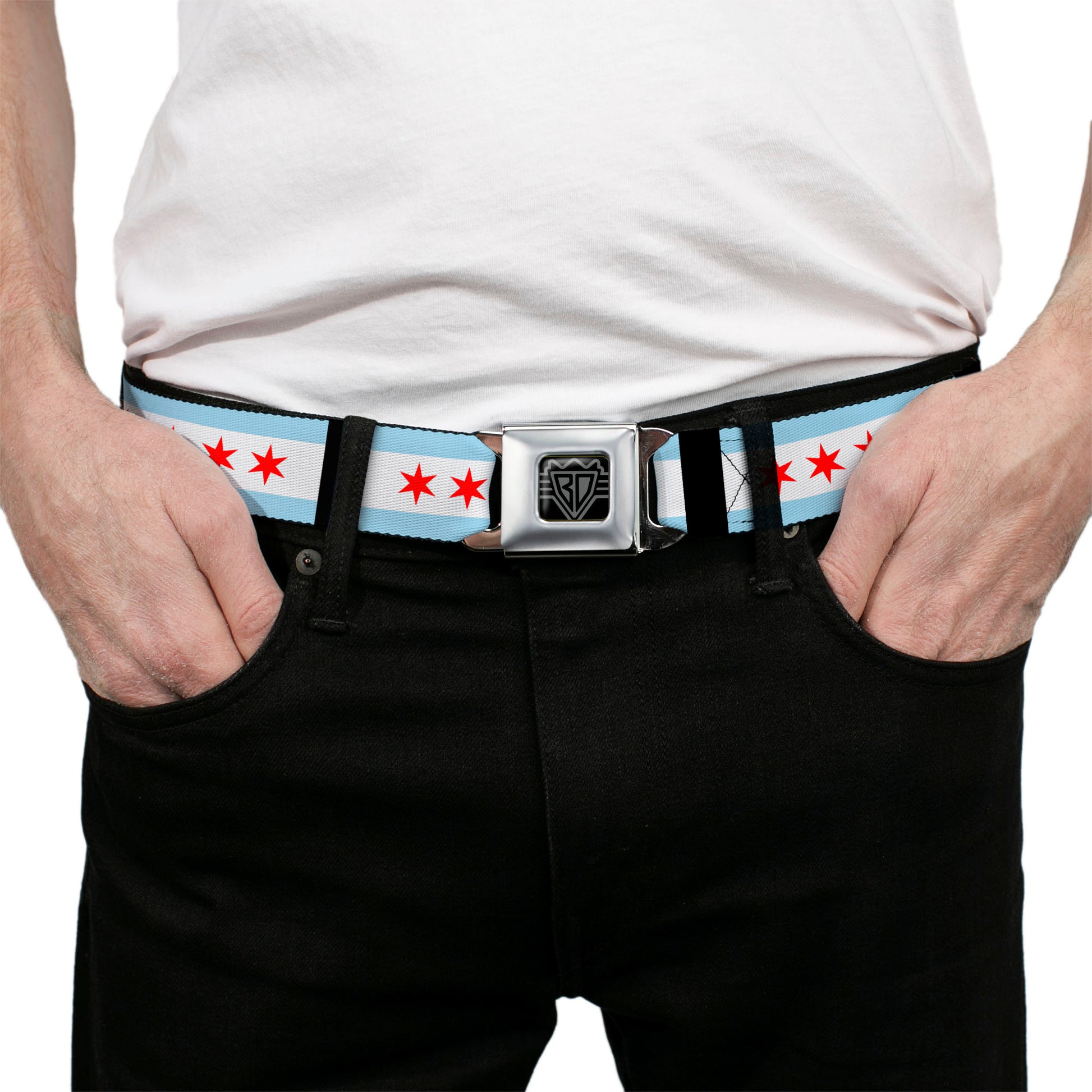 BD Wings Logo CLOSE-UP Full Color Black Silver Seatbelt Belt - Chicago Flags/Black Webbing Seatbelt Belts Buckle-Down