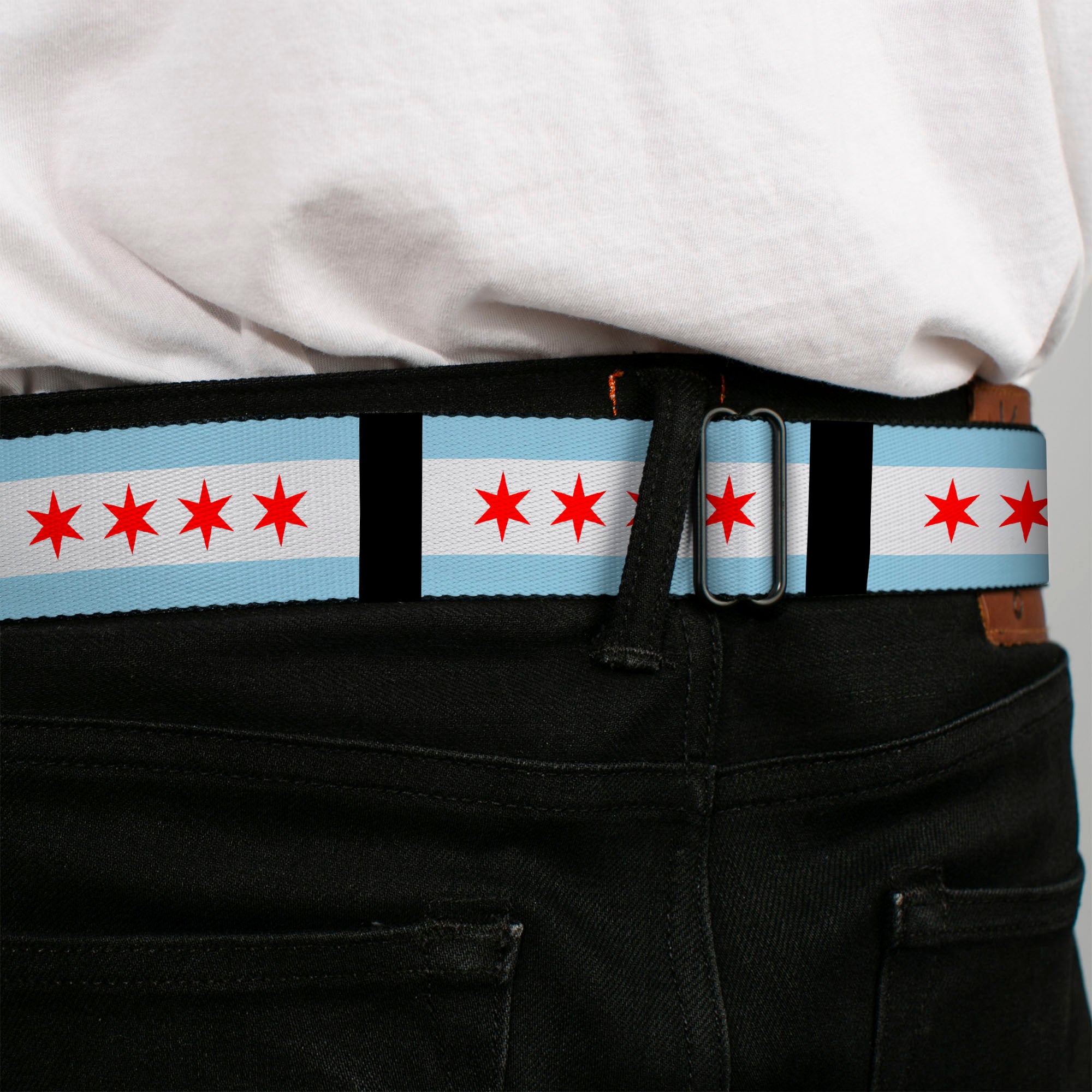 BD Wings Logo CLOSE-UP Full Color Black Silver Seatbelt Belt - Chicago Flags/Black Webbing Seatbelt Belts Buckle-Down