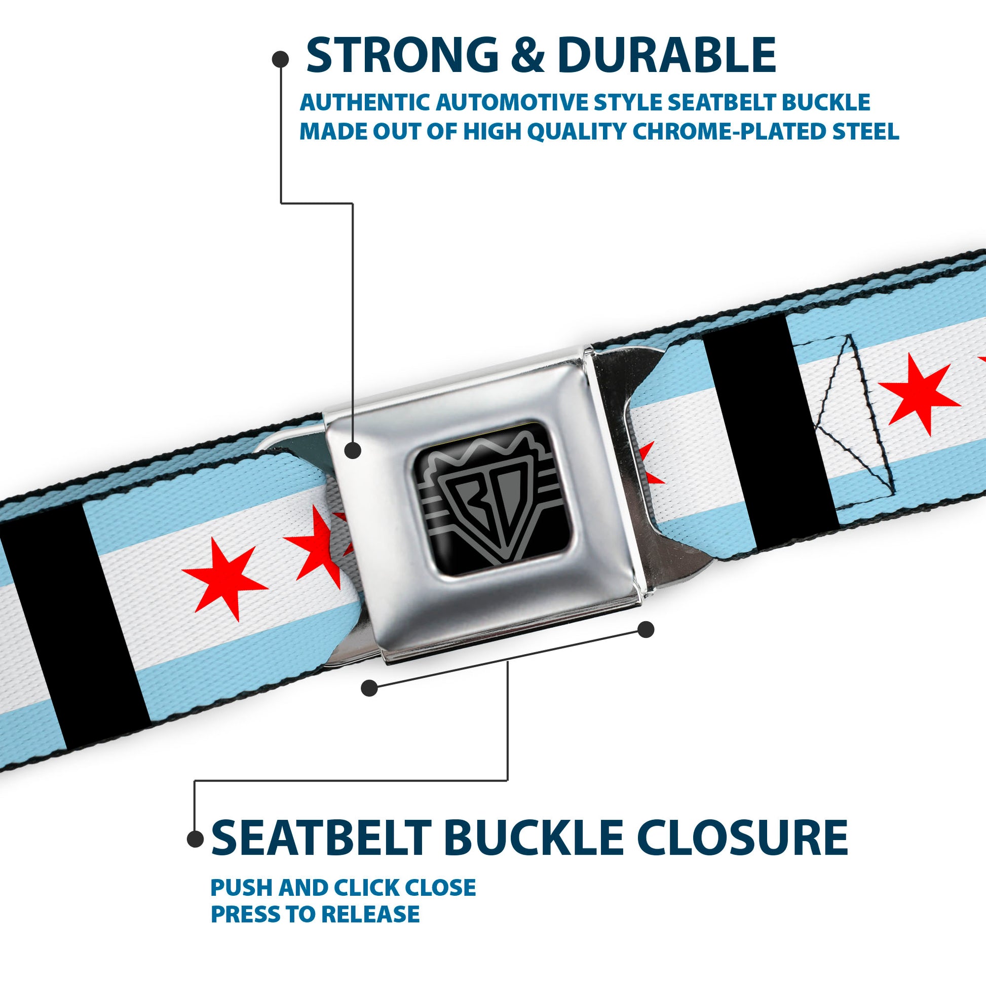BD Wings Logo CLOSE-UP Full Color Black Silver Seatbelt Belt - Chicago Flags/Black Webbing Seatbelt Belts Buckle-Down