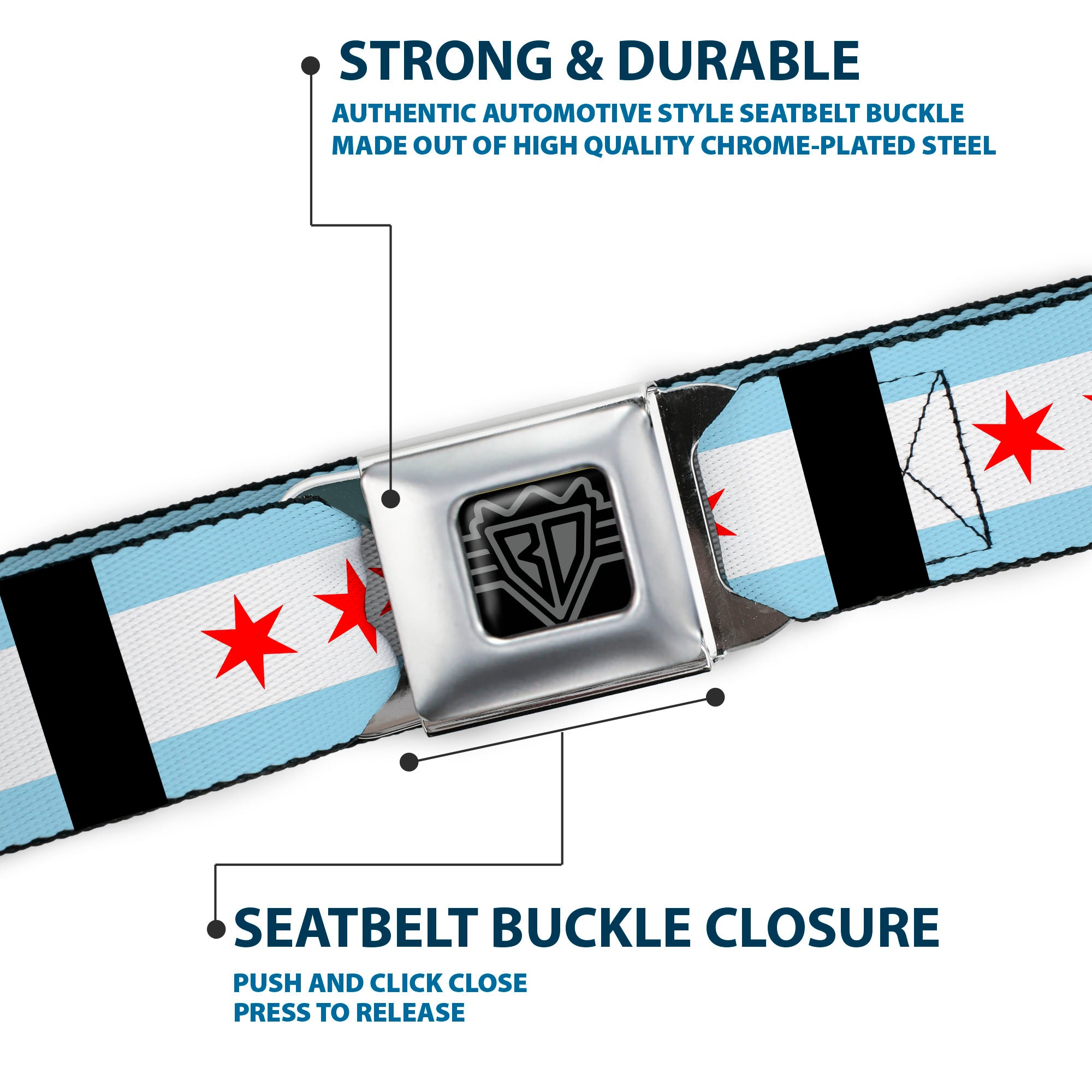 BD Wings Logo CLOSE-UP Full Color Black Silver Seatbelt Belt - Chicago Flags/Black Webbing Seatbelt Belts Buckle-Down