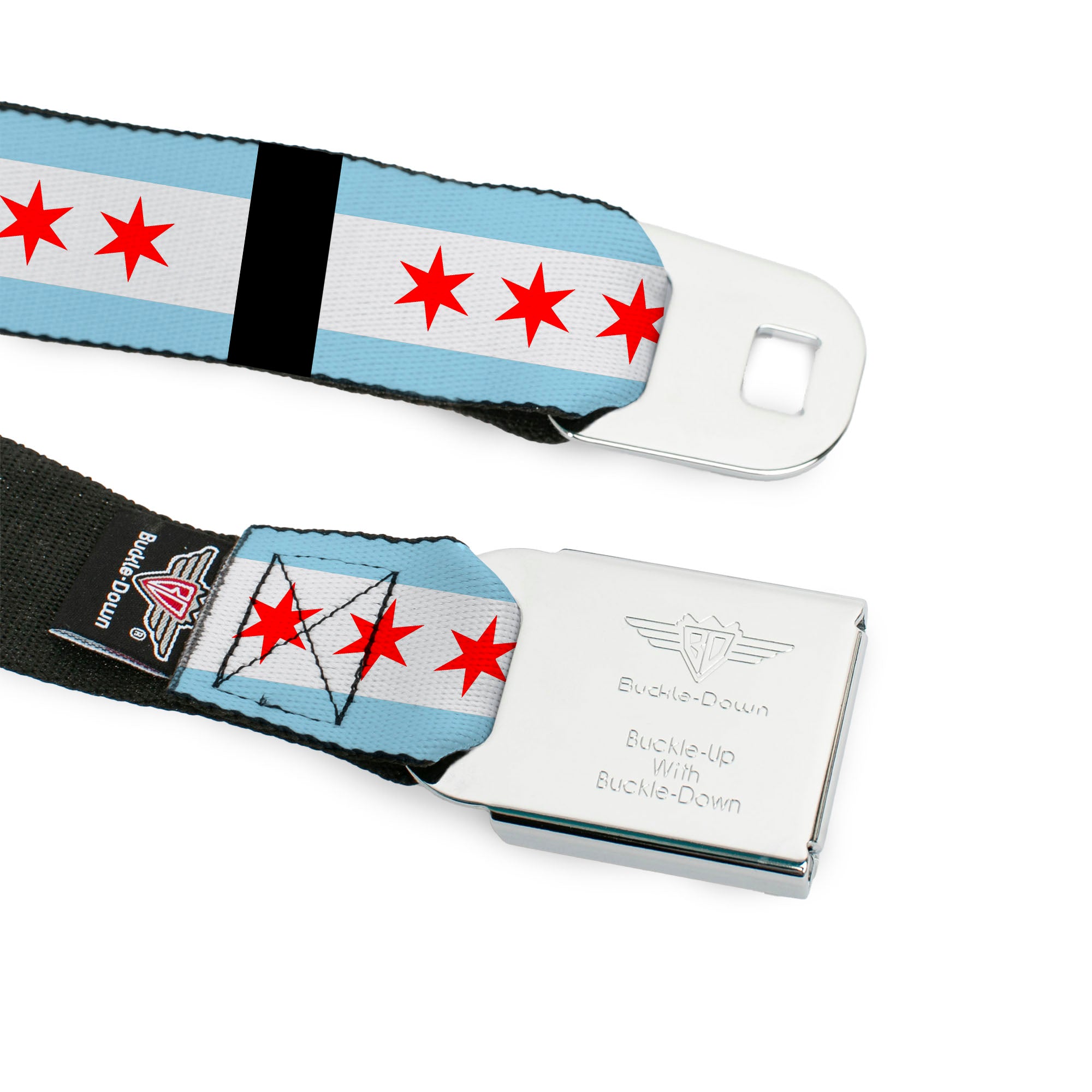 BD Wings Logo CLOSE-UP Full Color Black Silver Seatbelt Belt - Chicago Flags/Black Webbing Seatbelt Belts Buckle-Down