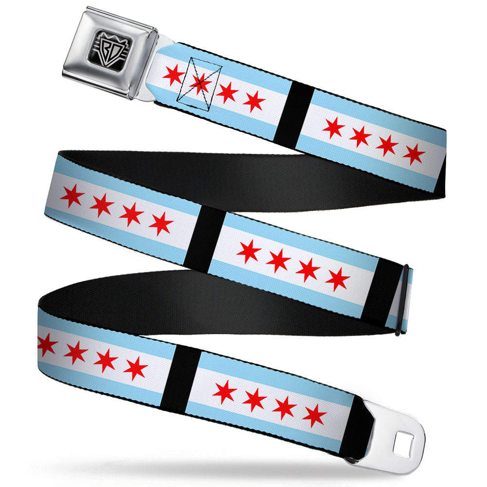 BD Wings Logo CLOSE-UP Full Color Black Silver Seatbelt Belt - Chicago Flags/Black Webbing Seatbelt Belts Buckle-Down