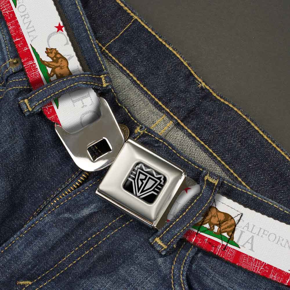 BD Wings Logo CLOSE-UP Full Color Black Silver Seatbelt Belt - CALIFORNIA Bear/Star/Crackle Stripe White/Gray/Red Webbing Seatbelt Belts Buckle-Down