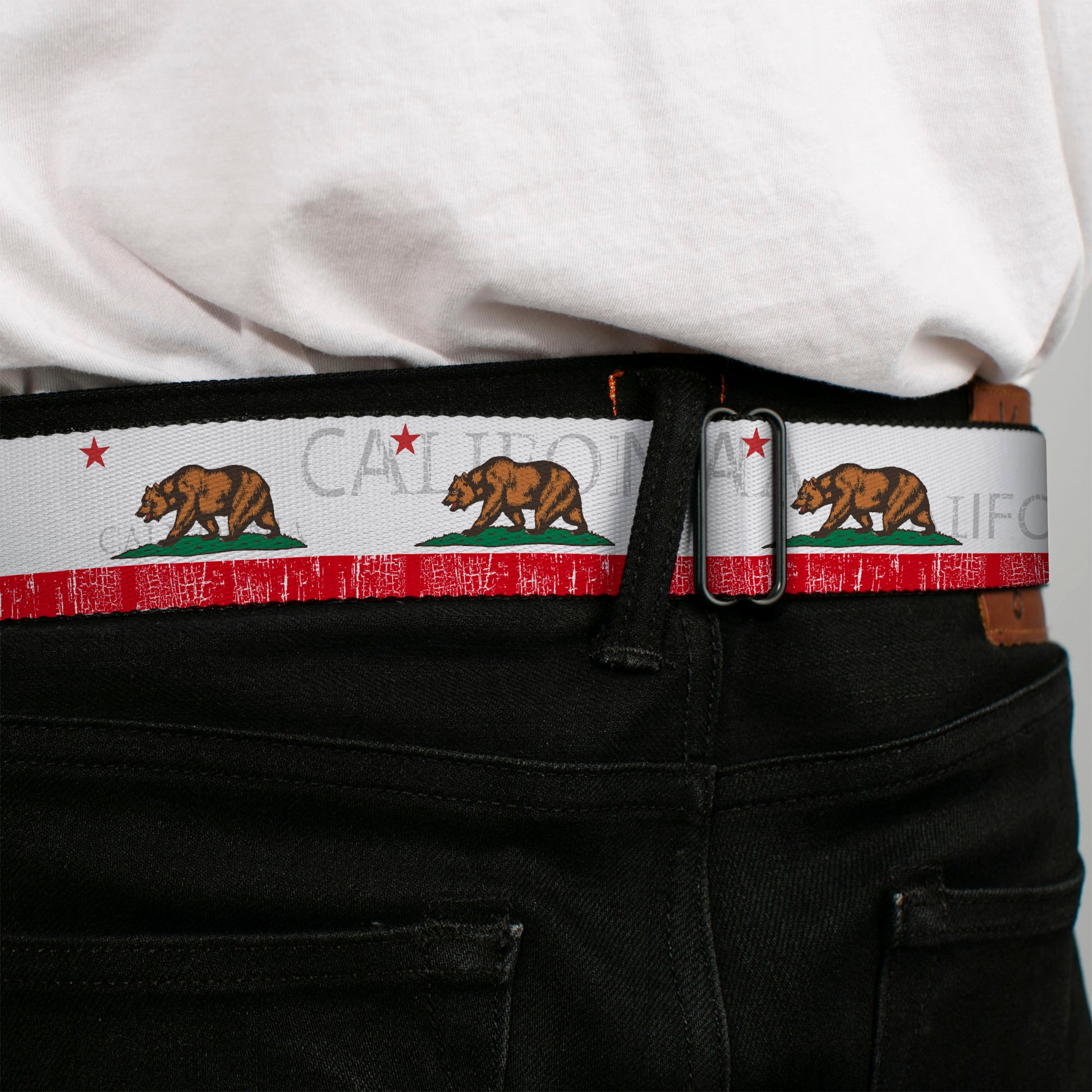 BD Wings Logo CLOSE-UP Full Color Black Silver Seatbelt Belt - CALIFORNIA Bear/Star/Crackle Stripe White/Gray/Red Webbing Seatbelt Belts Buckle-Down