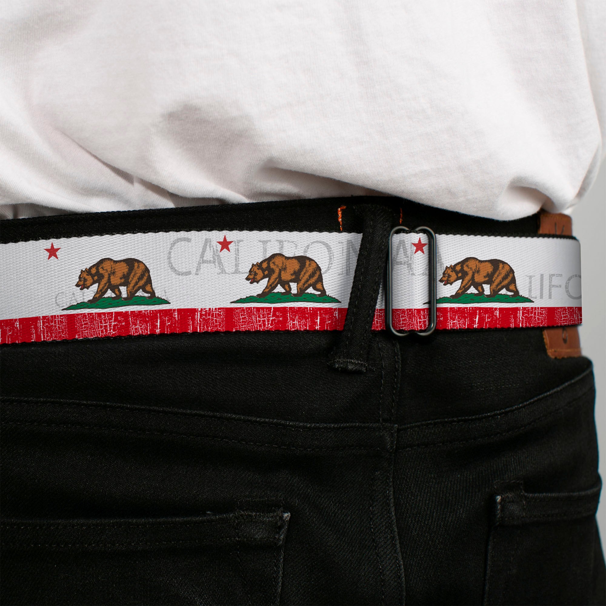 BD Wings Logo CLOSE-UP Full Color Black Silver Seatbelt Belt - CALIFORNIA Bear/Star/Crackle Stripe White/Gray/Red Webbing Seatbelt Belts Buckle-Down