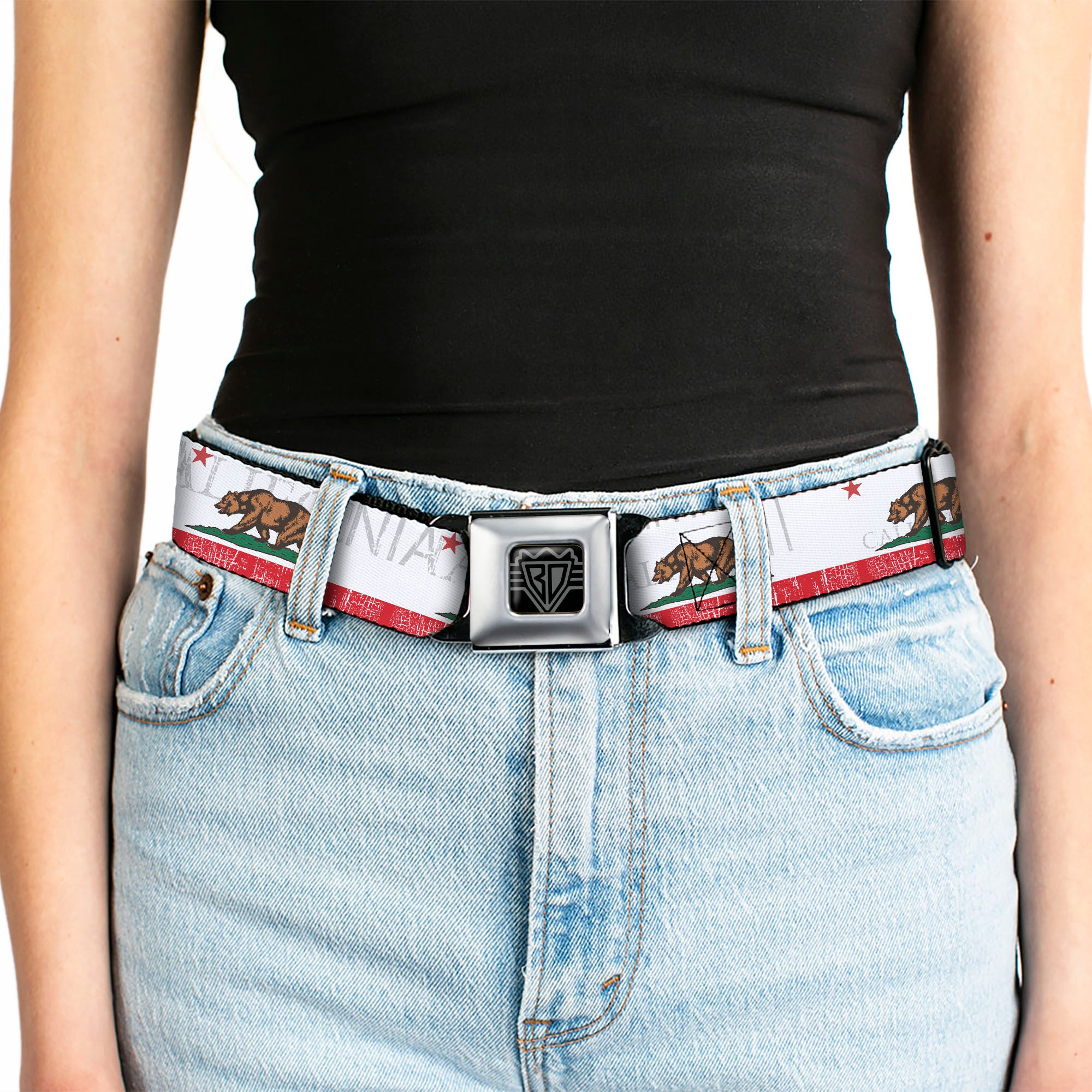 BD Wings Logo CLOSE-UP Full Color Black Silver Seatbelt Belt - CALIFORNIA Bear/Star/Crackle Stripe White/Gray/Red Webbing Seatbelt Belts Buckle-Down