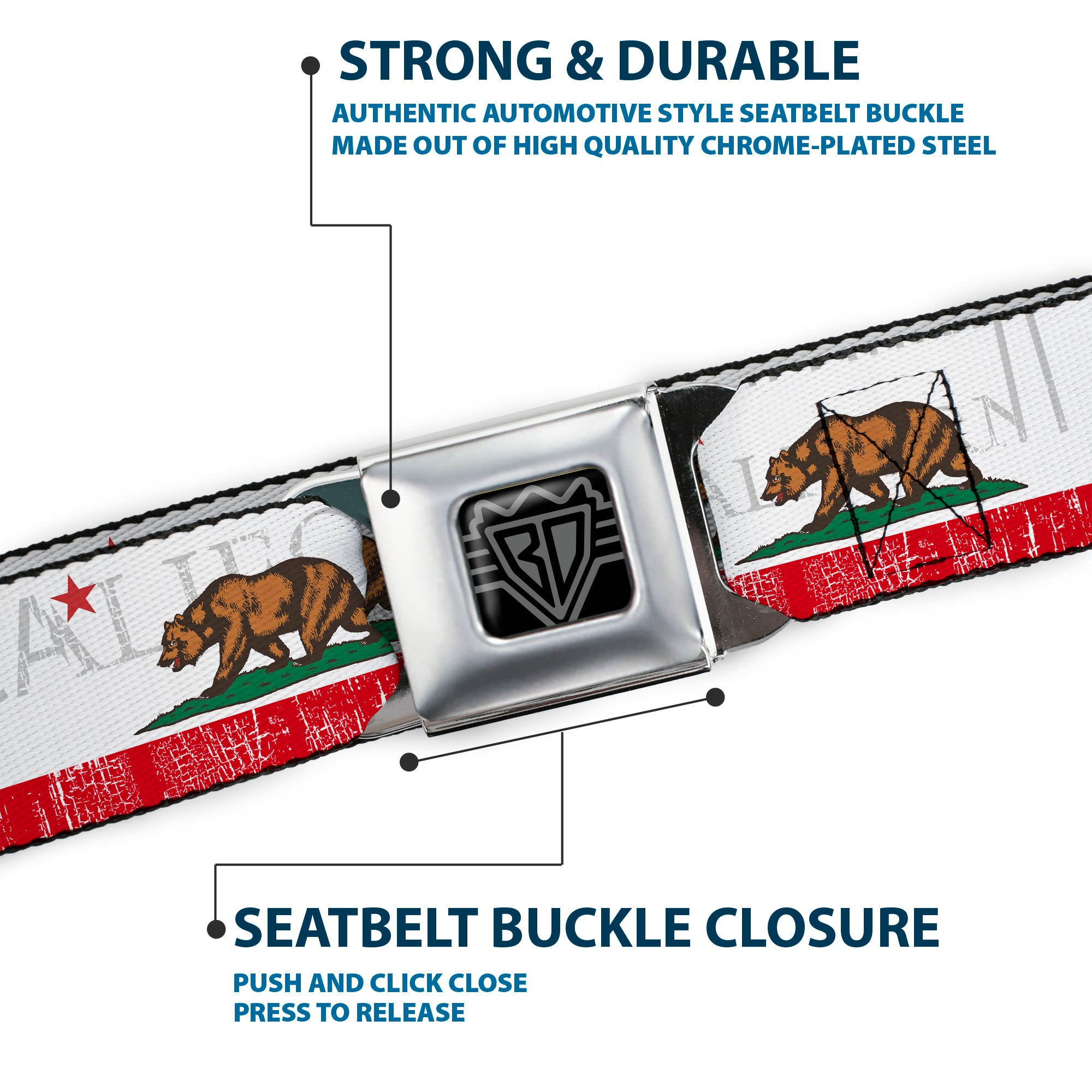BD Wings Logo CLOSE-UP Full Color Black Silver Seatbelt Belt - CALIFORNIA Bear/Star/Crackle Stripe White/Gray/Red Webbing Seatbelt Belts Buckle-Down