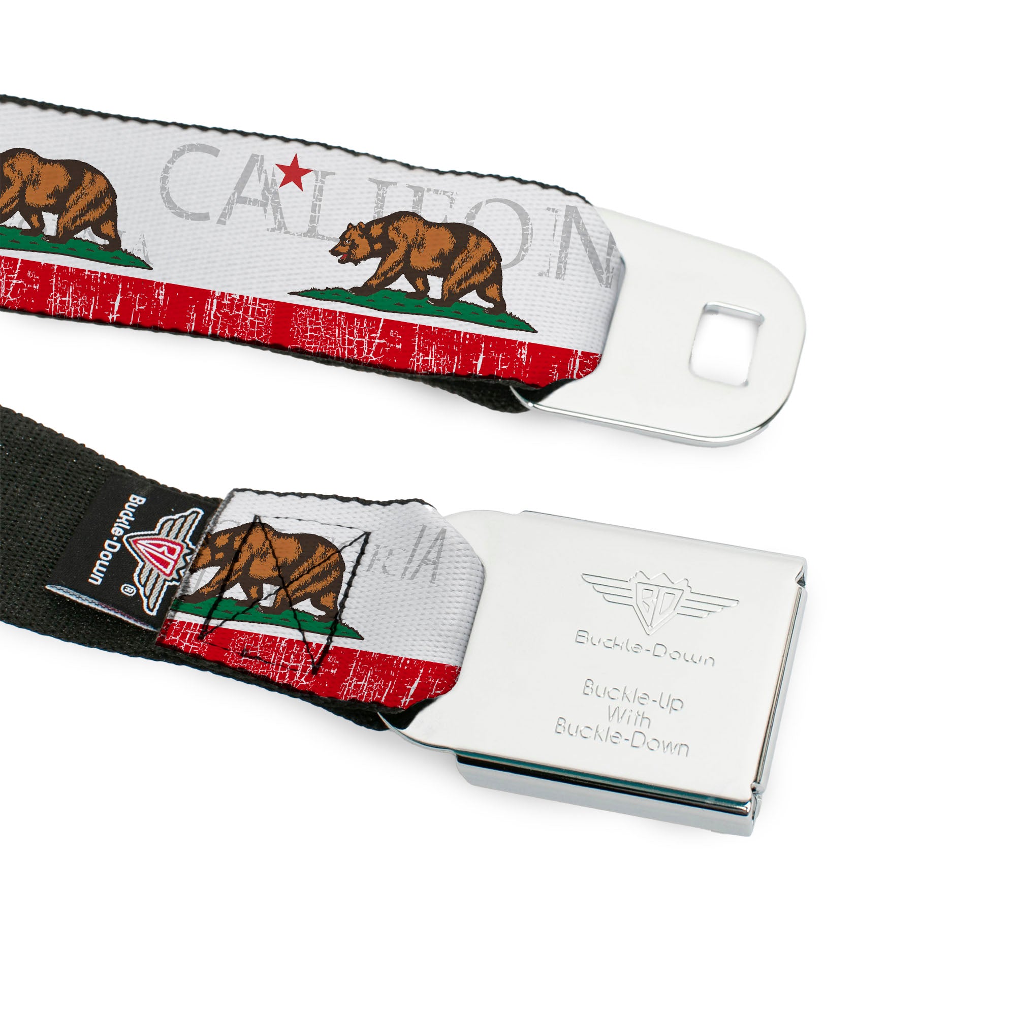 BD Wings Logo CLOSE-UP Full Color Black Silver Seatbelt Belt - CALIFORNIA Bear/Star/Crackle Stripe White/Gray/Red Webbing Seatbelt Belts Buckle-Down