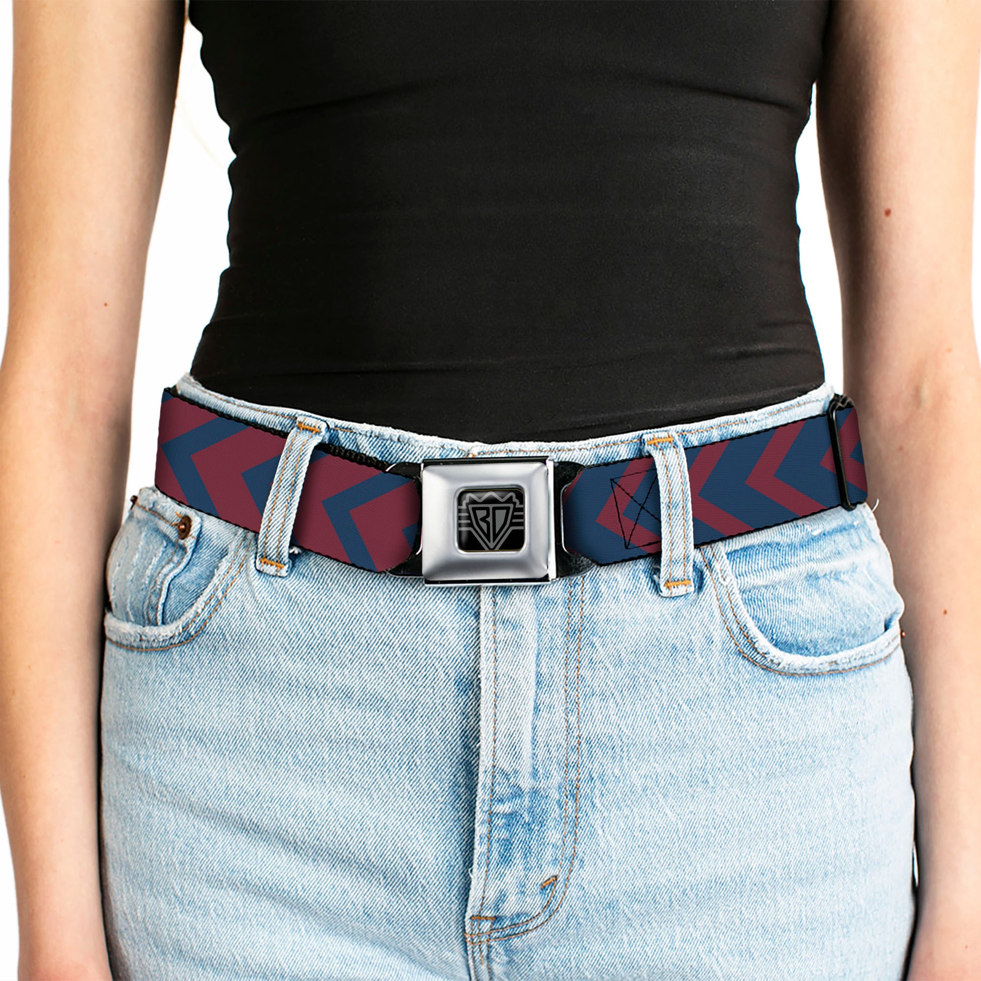 BD Wings Logo CLOSE-UP Full Color Black Silver Seatbelt Belt - Chevron2 Red/Navy Webbing Seatbelt Belts Buckle-Down