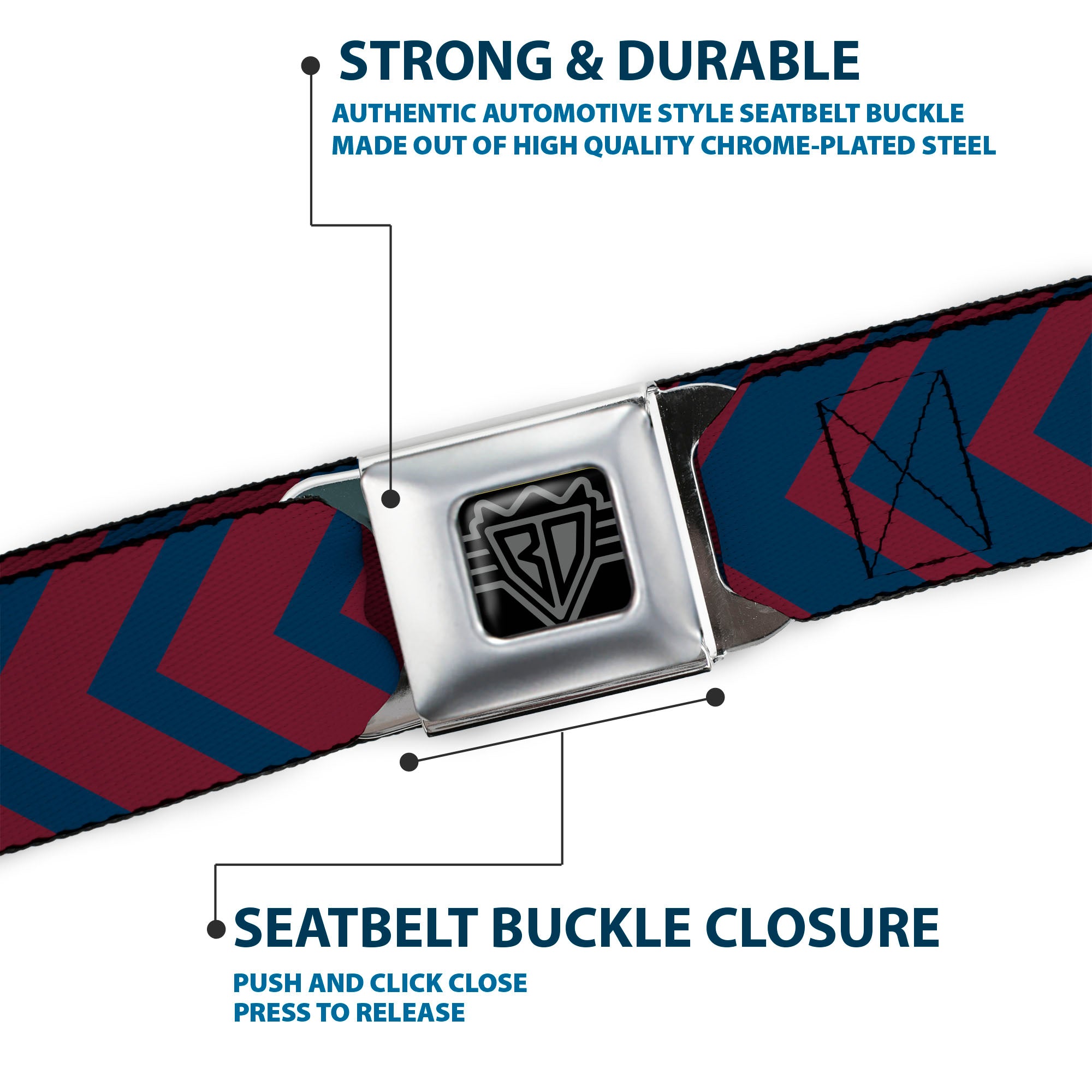 BD Wings Logo CLOSE-UP Full Color Black Silver Seatbelt Belt - Chevron2 Red/Navy Webbing Seatbelt Belts Buckle-Down
