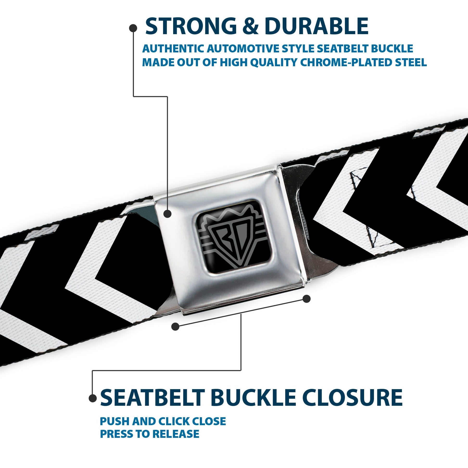 BD Wings Logo CLOSE-UP Full Color Black Silver Seatbelt Belt - Chevron2 White/Black Webbing Seatbelt Belts Buckle-Down