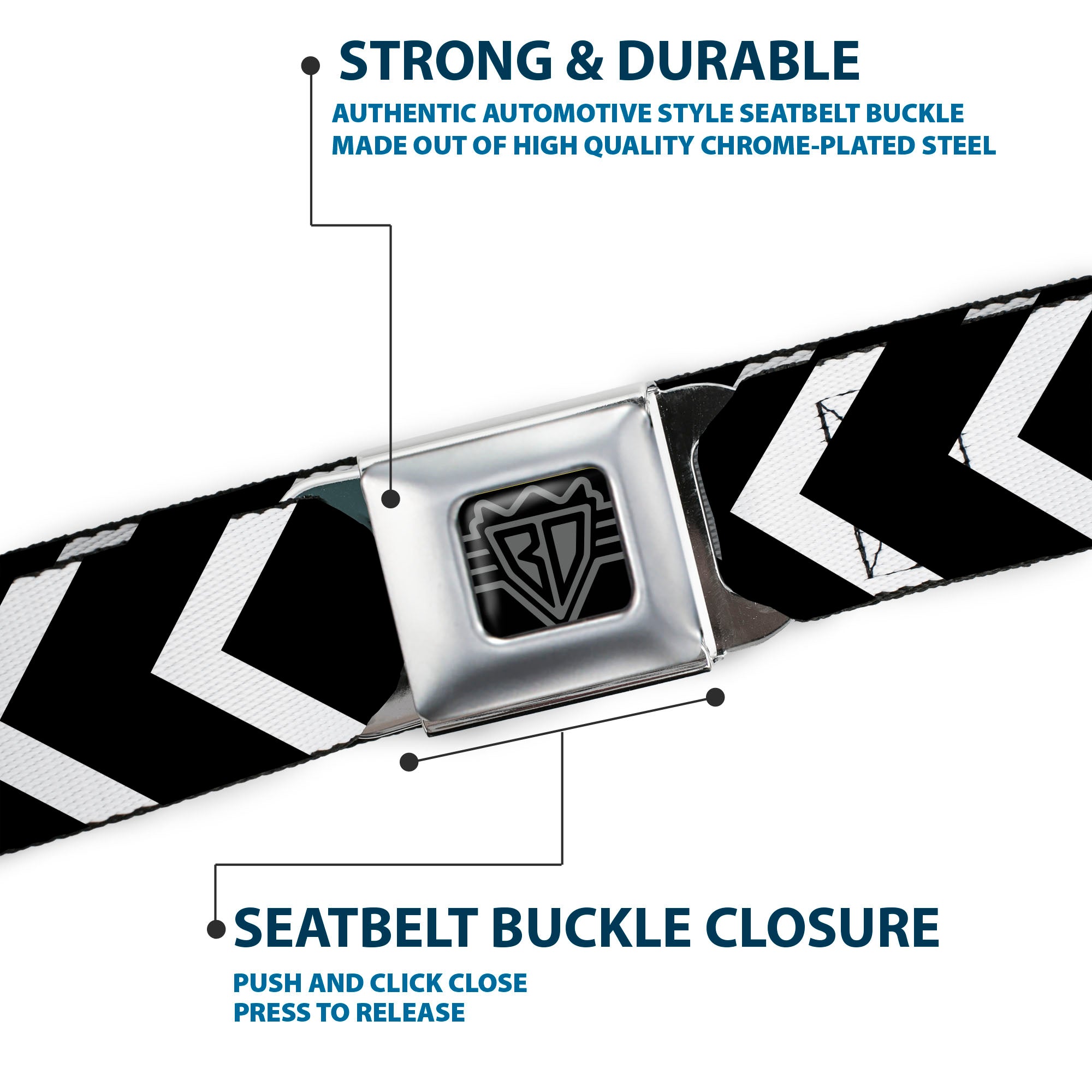 BD Wings Logo CLOSE-UP Full Color Black Silver Seatbelt Belt - Chevron2 White/Black Webbing Seatbelt Belts Buckle-Down