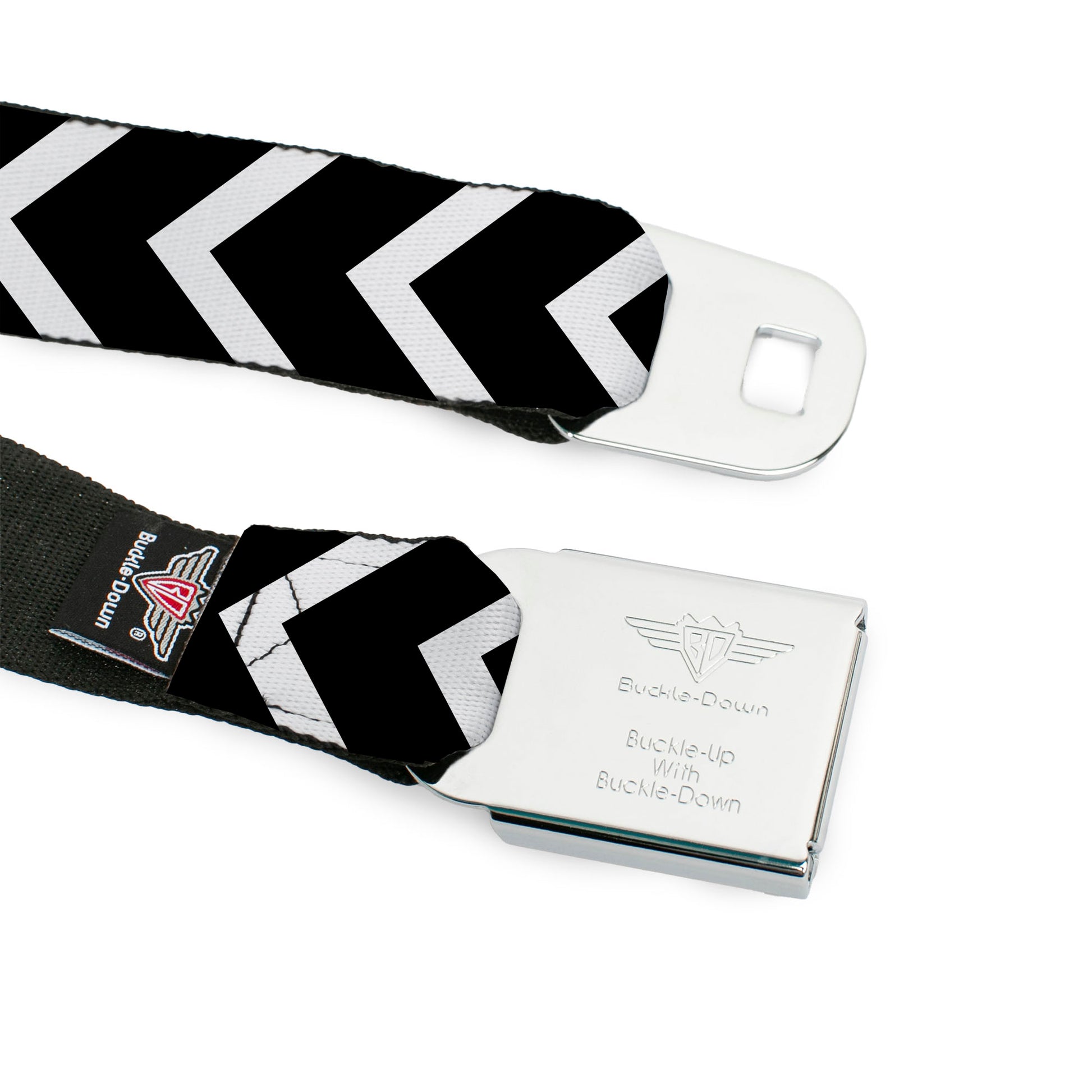 BD Wings Logo CLOSE-UP Full Color Black Silver Seatbelt Belt - Chevron2 White/Black Webbing Seatbelt Belts Buckle-Down