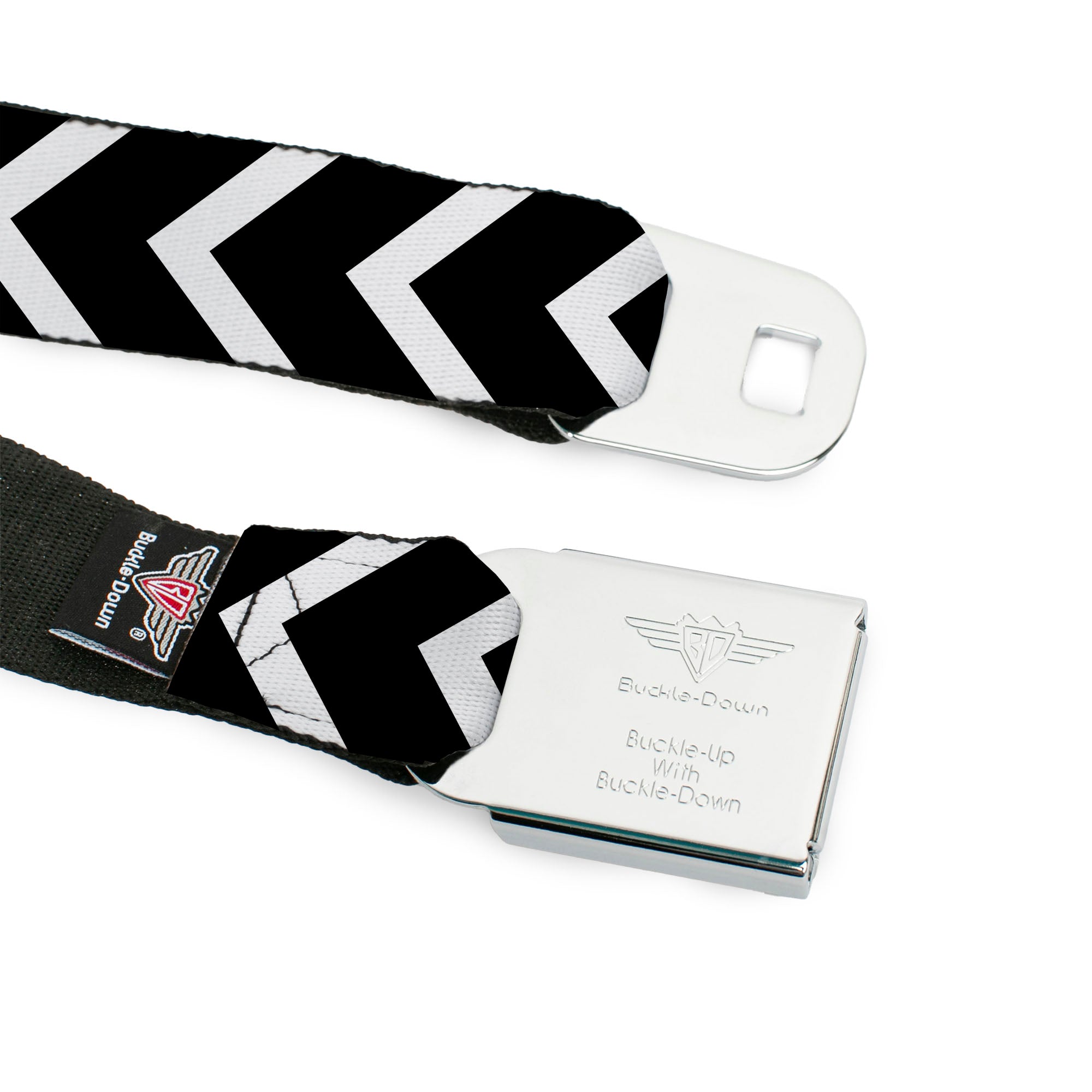 BD Wings Logo CLOSE-UP Full Color Black Silver Seatbelt Belt - Chevron2 White/Black Webbing Seatbelt Belts Buckle-Down