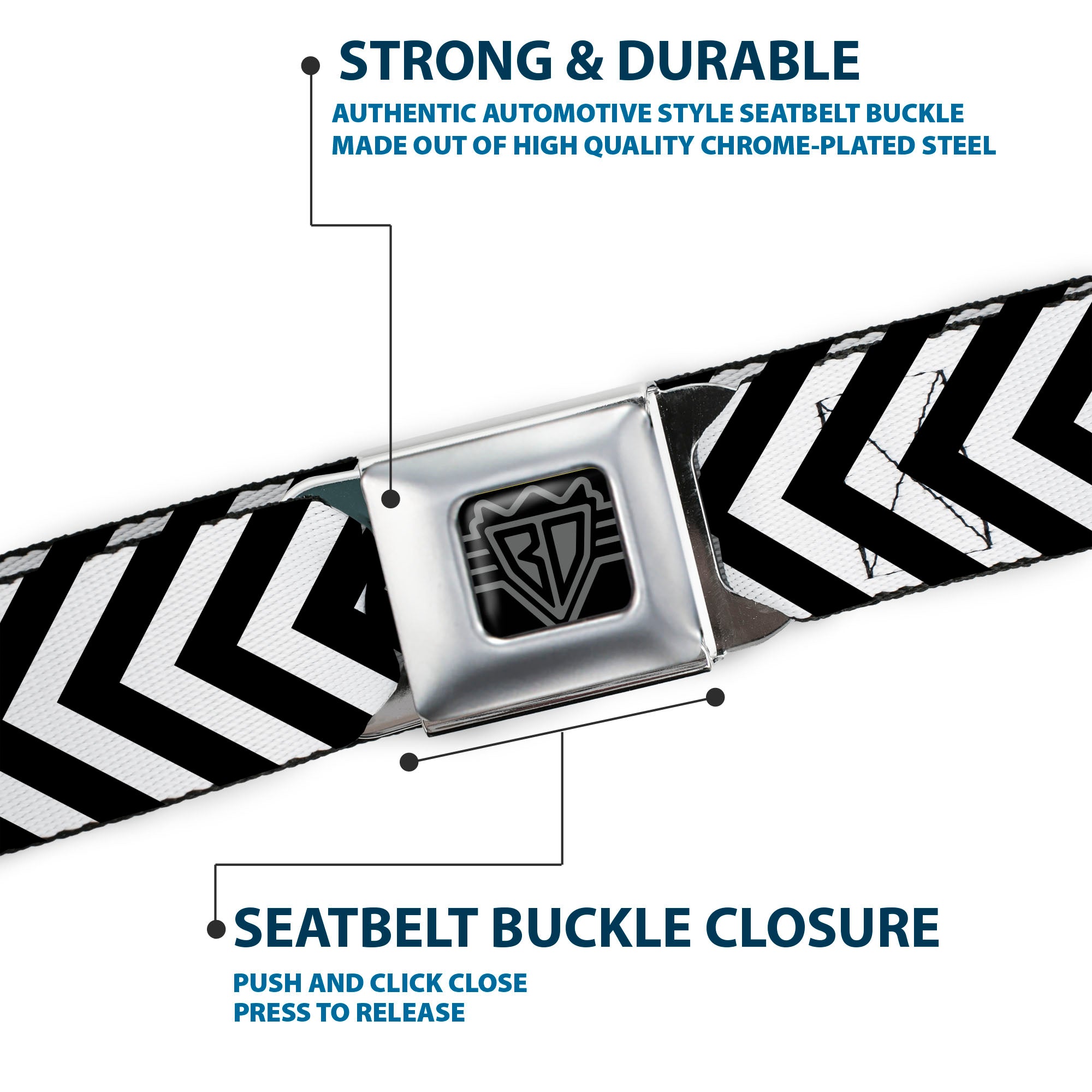 BD Wings Logo CLOSE-UP Full Color Black Silver Seatbelt Belt - Chevron3 White/Black Webbing Seatbelt Belts Buckle-Down