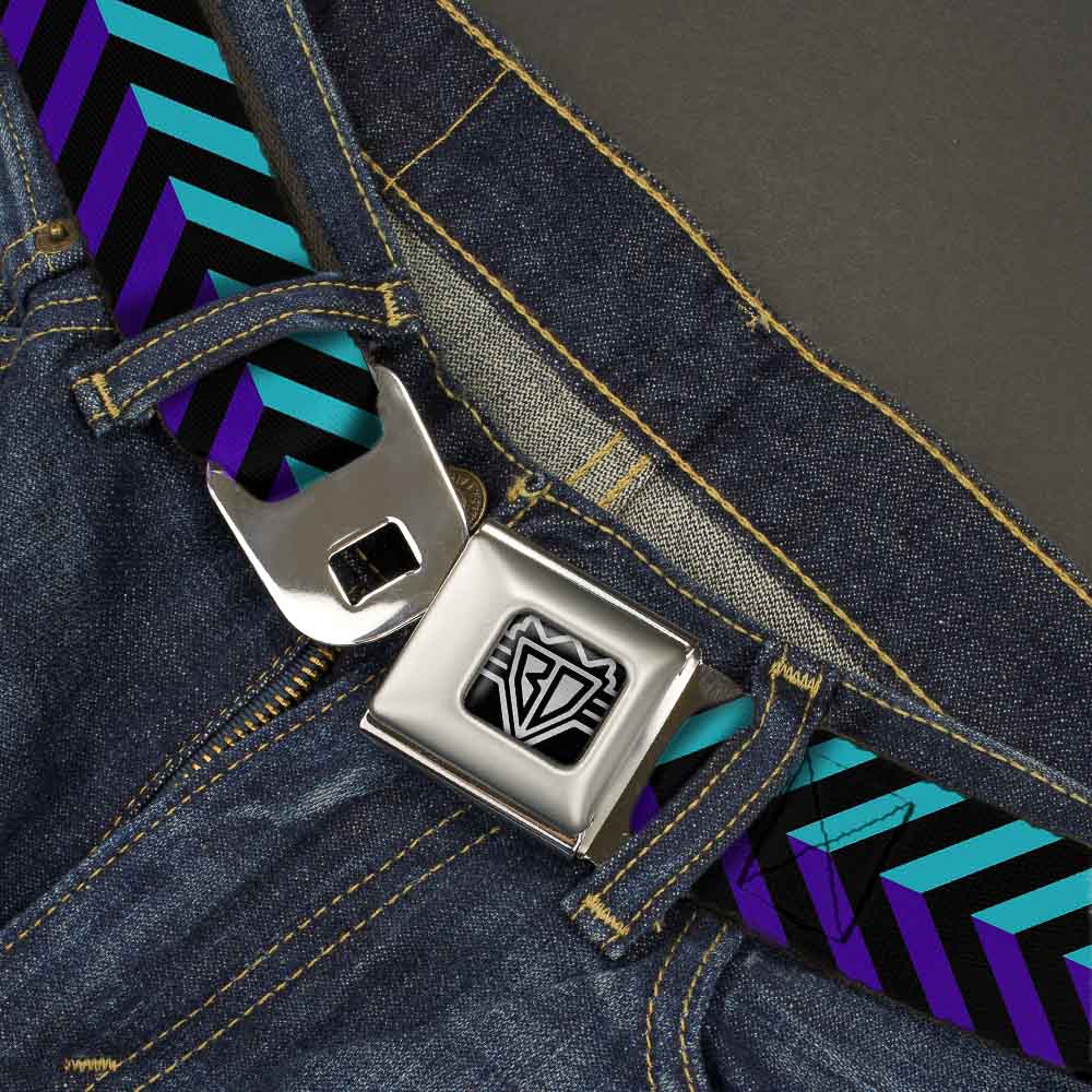 BD Wings Logo CLOSE-UP Full Color Black Silver Seatbelt Belt - Chevron3 Split Turquoise/Purple/Black Webbing Seatbelt Belts Buckle-Down