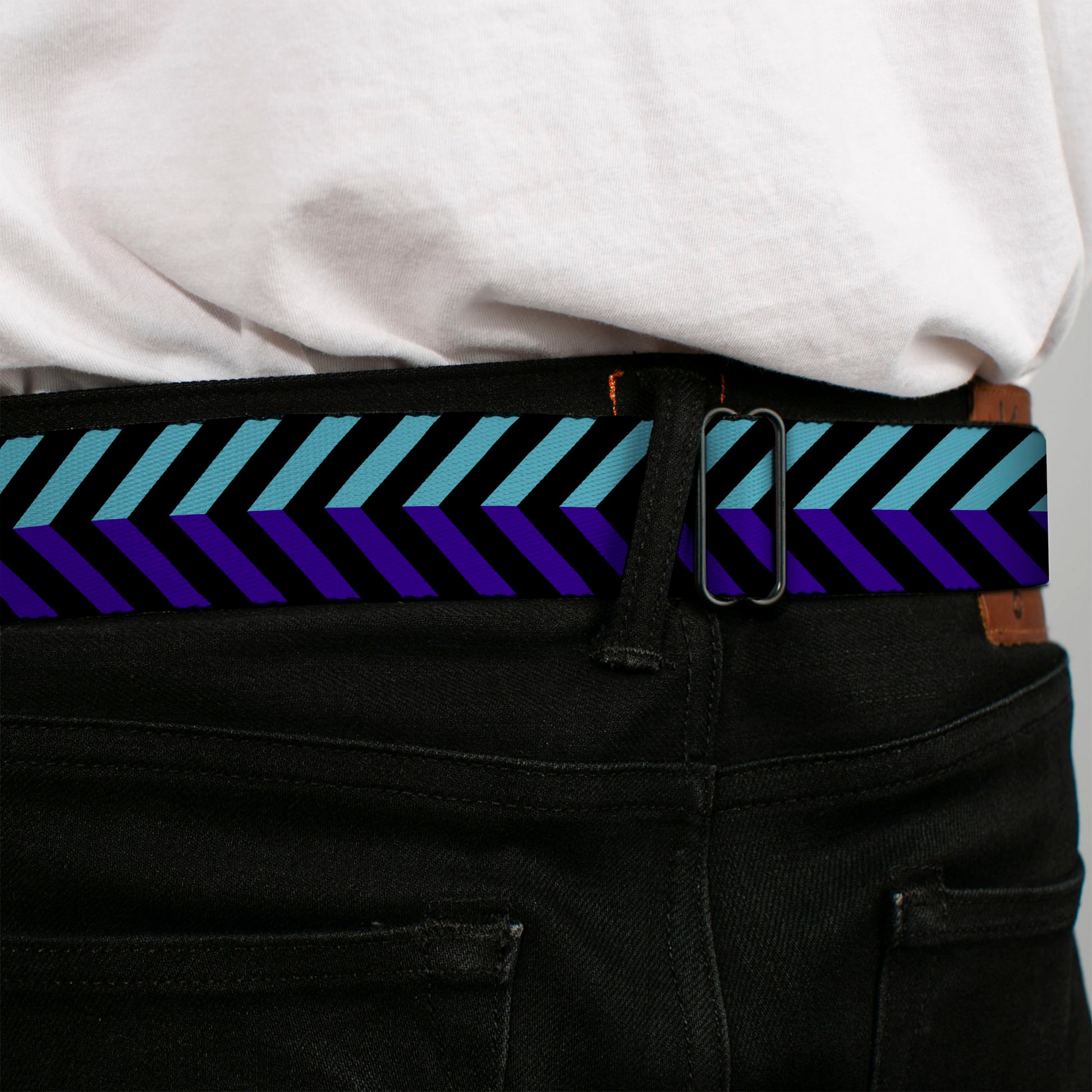 BD Wings Logo CLOSE-UP Full Color Black Silver Seatbelt Belt - Chevron3 Split Turquoise/Purple/Black Webbing Seatbelt Belts Buckle-Down