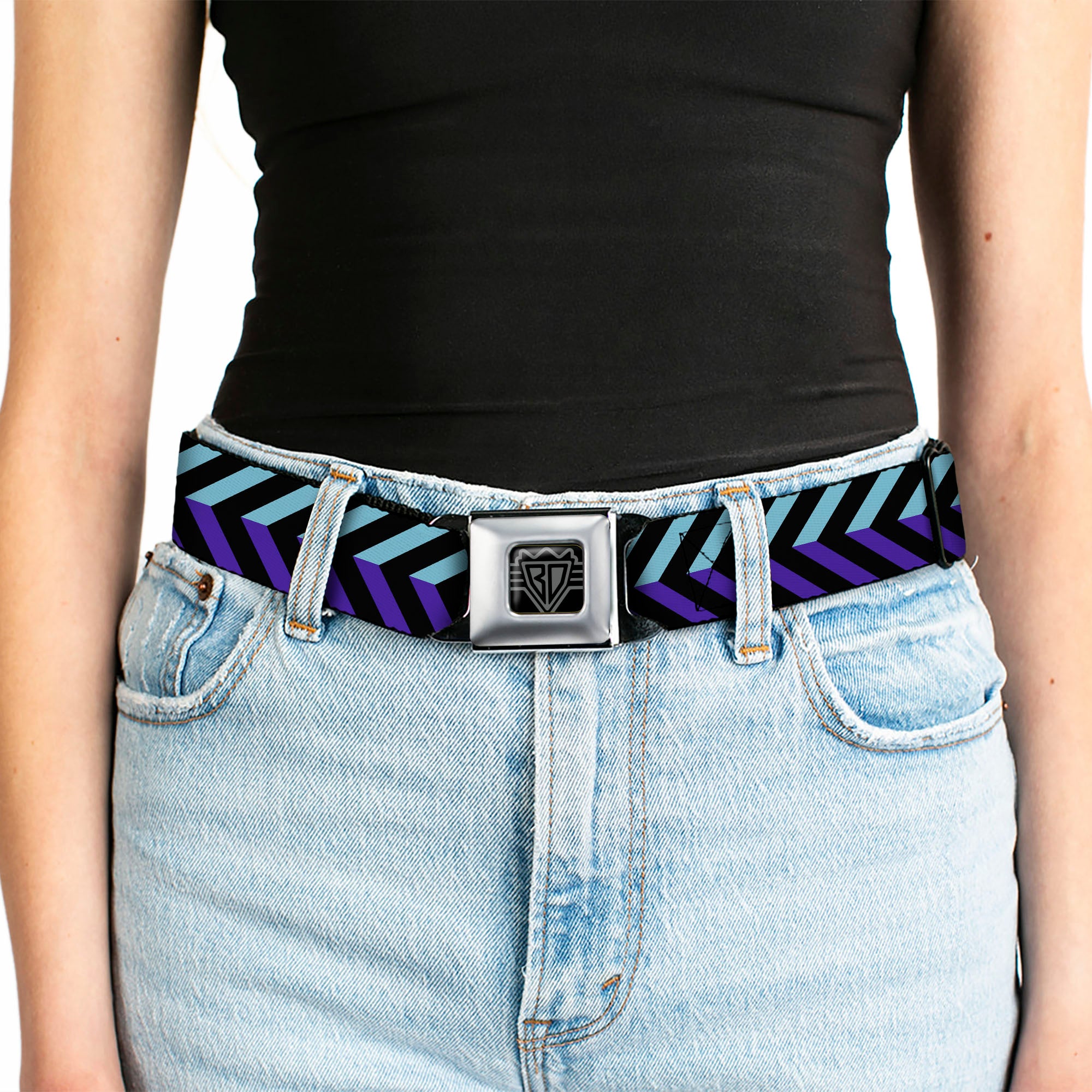 BD Wings Logo CLOSE-UP Full Color Black Silver Seatbelt Belt - Chevron3 Split Turquoise/Purple/Black Webbing Seatbelt Belts Buckle-Down