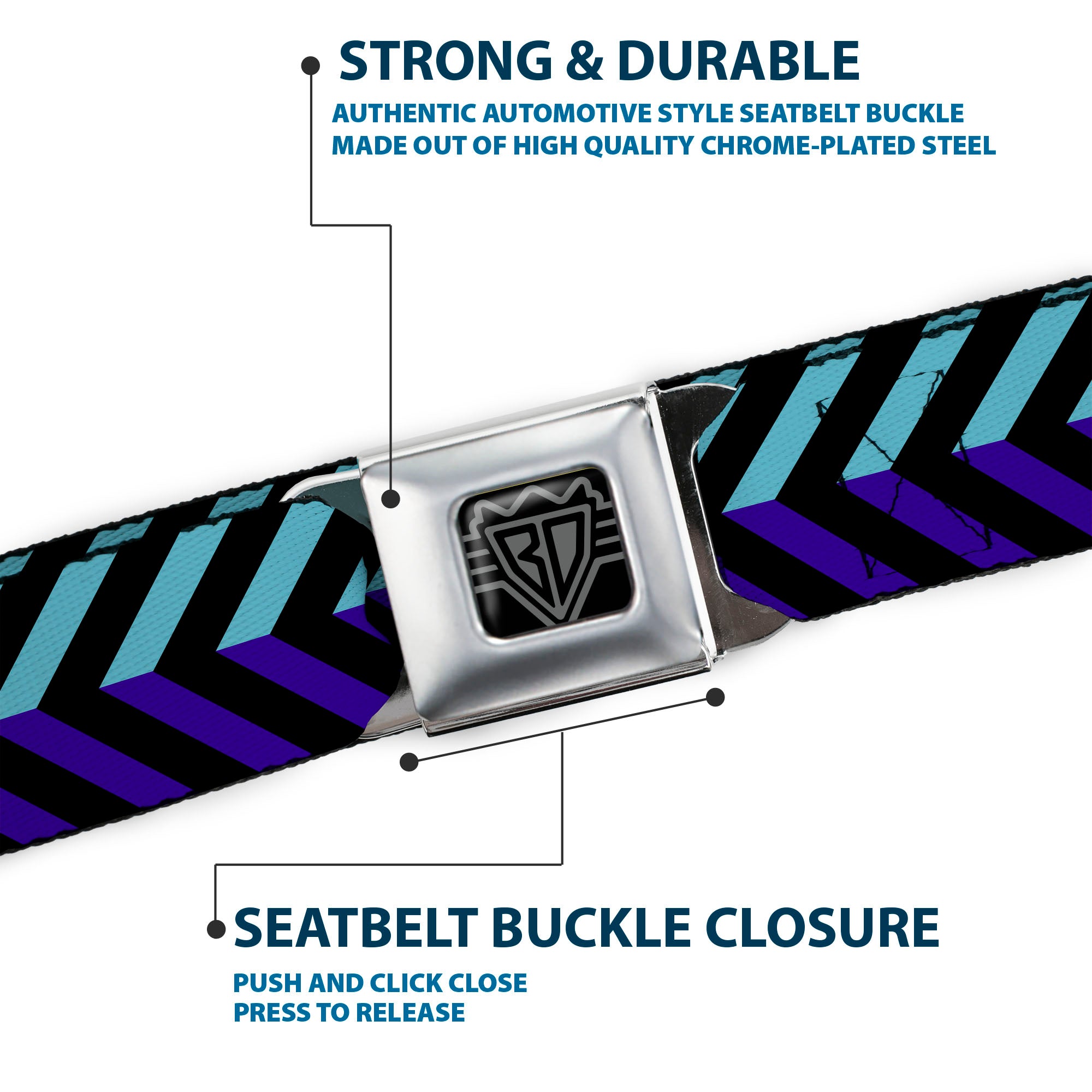 BD Wings Logo CLOSE-UP Full Color Black Silver Seatbelt Belt - Chevron3 Split Turquoise/Purple/Black Webbing Seatbelt Belts Buckle-Down